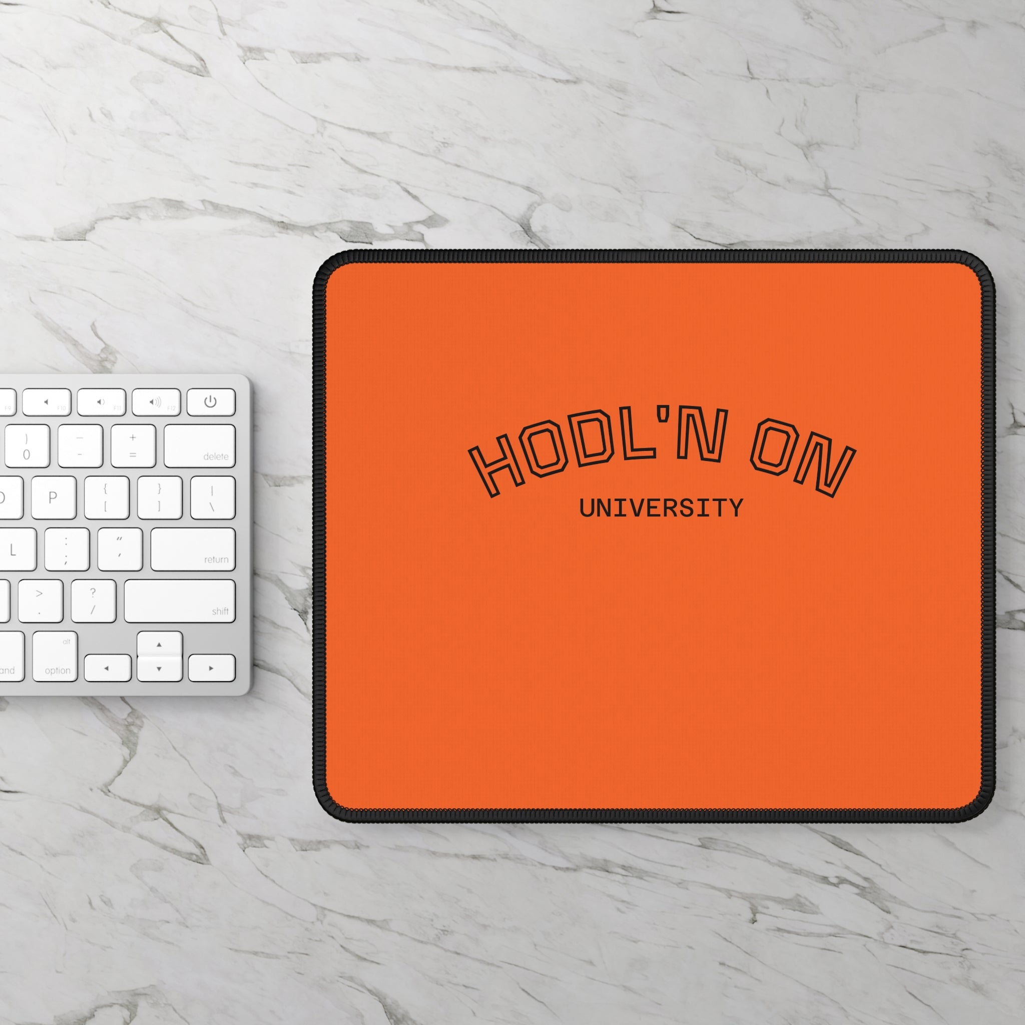 HODL'N ON University Gaming Mouse Pad — Orange Crypto Desk Mat