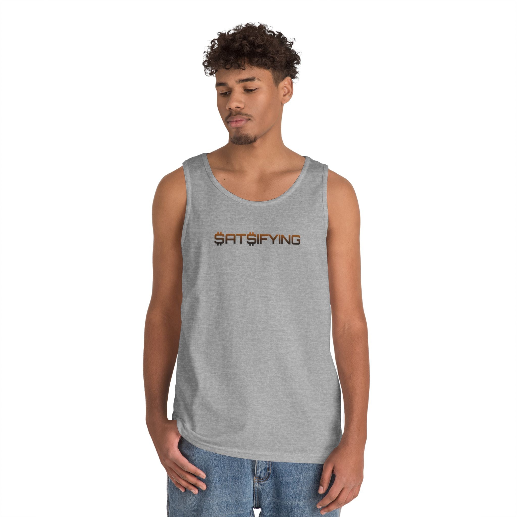 SATSIFYING -  Bitcoin Graphic Bleed Sassy Tank Top — Minimal Modern Logo Summer Muscle Tee | Crypto Gift 98