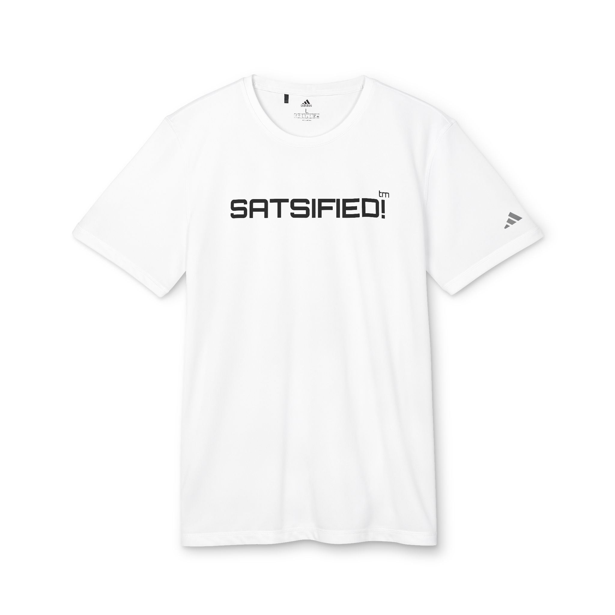 SATSIFIED! Bitcoin Adidas Graphic Tee — Unisex Minimal Athletic White T-Shirt