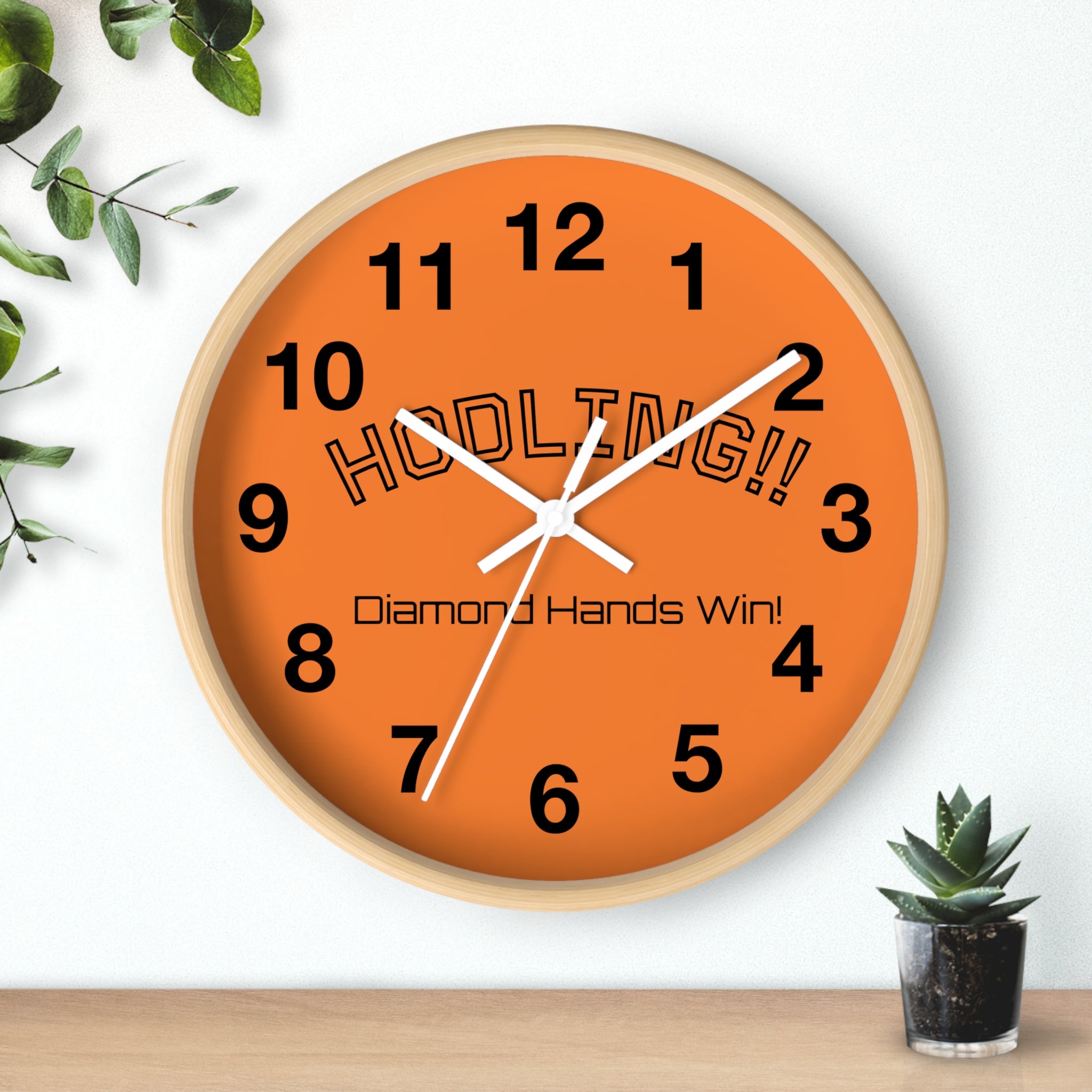 "HODLING!!  Diamond Hands Win!" Wall Clock — Orange Bitcoin Crypto Enthusiast Decor | Black Arms | Crypto Gift 197