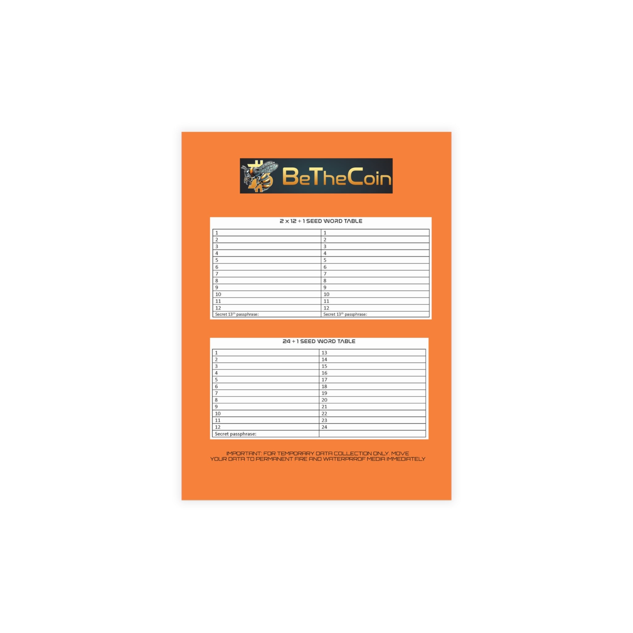 BITCOIN/Crypto | 10 PACK | Seed Phrase Temporary Data Collection cards | Privacy Envelopes Included | Crypto Gift 241