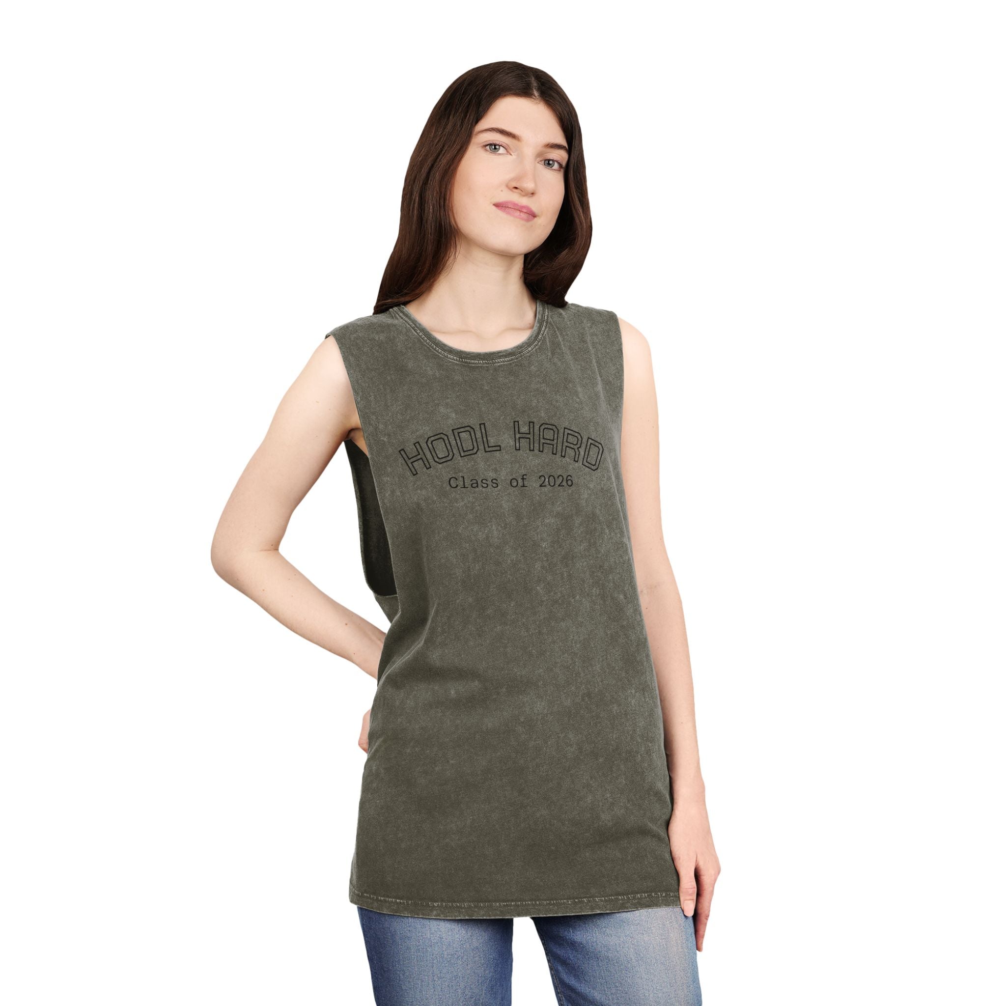 "HODL HARD - Class of 2026" Bitcoin Moon Harbor Stonewash Deep Underarm Tank Top —Washed Sleeveless Tee | Crypto Gift 14