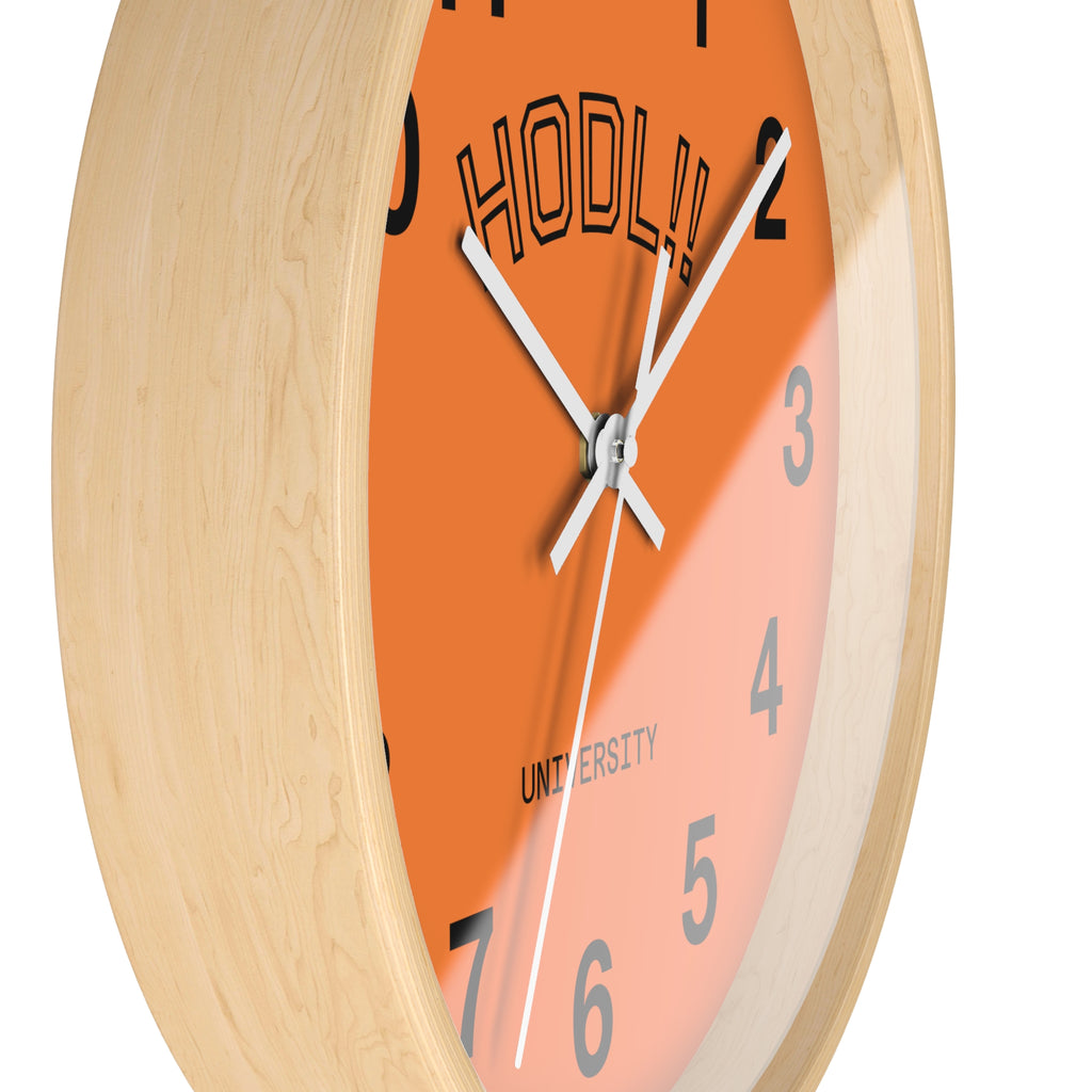 "HODL!" University Wall Clock — Orange Crypto Enthusiast Decor