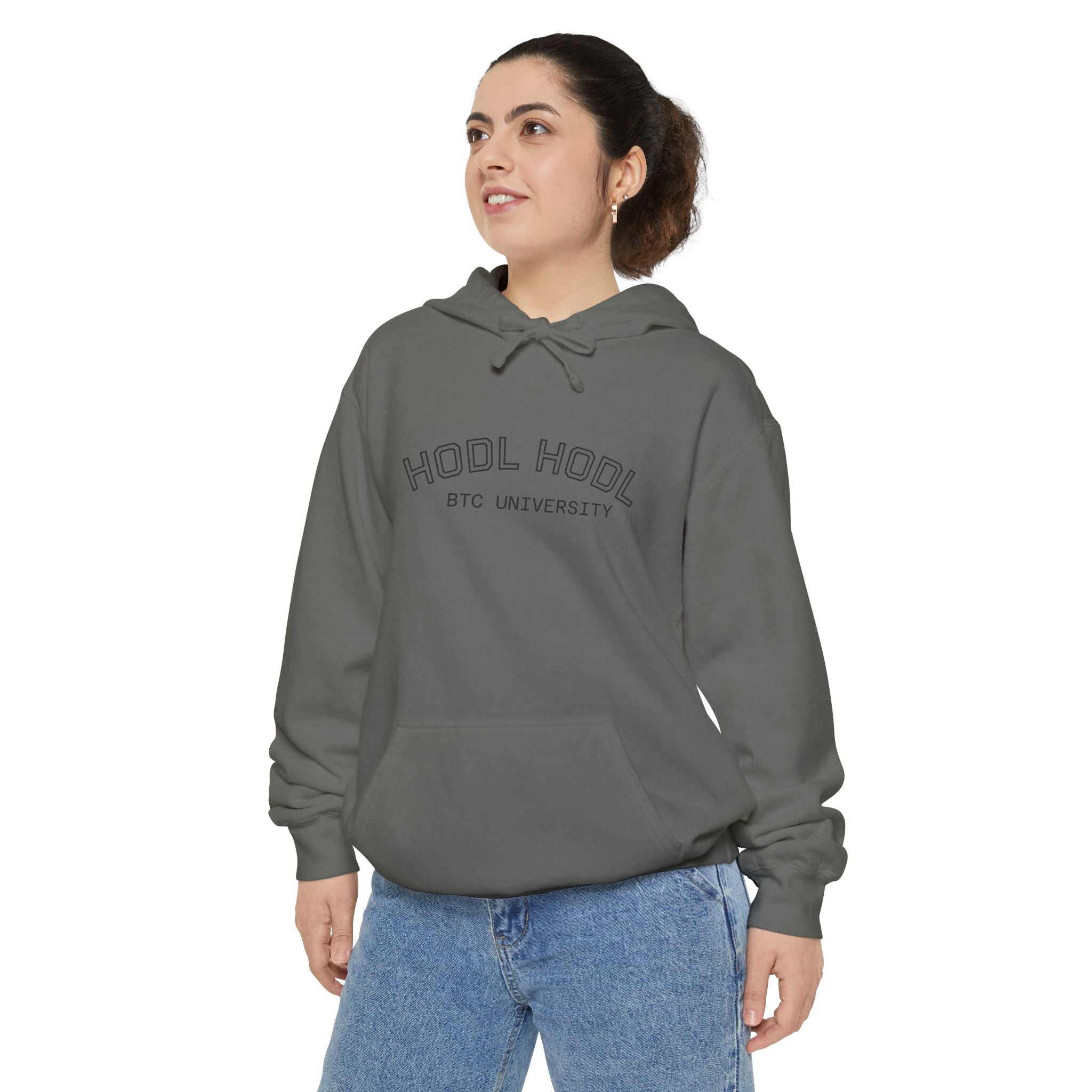 "HODL HODL BTC University" Bitcoin Hoodie — Minimal Collegiate Garment-Dyed Pullover | Crypto Gift