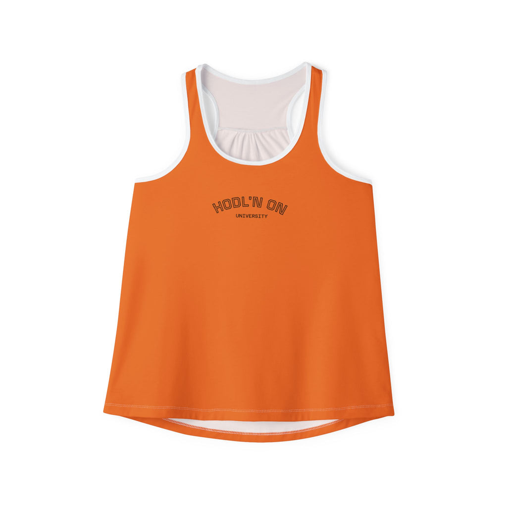 HODL'N ON Women's Orange Tank Top — Casual Graphic Racerback for Everyday Wear