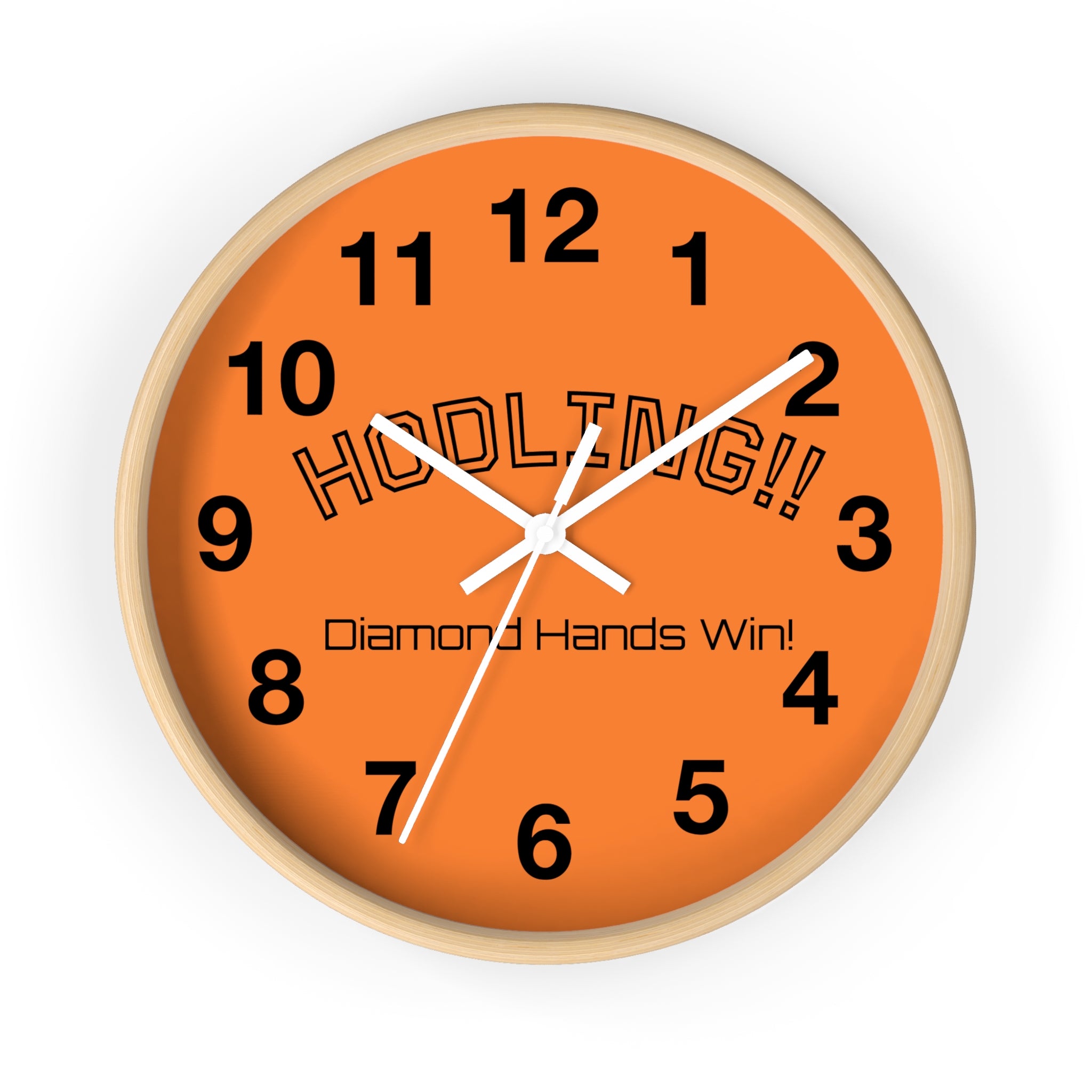 "HODLING!!  Diamond Hands Win!" Wall Clock — Orange Bitcoin Crypto Enthusiast Decor | Black Arms | Crypto Gift 197