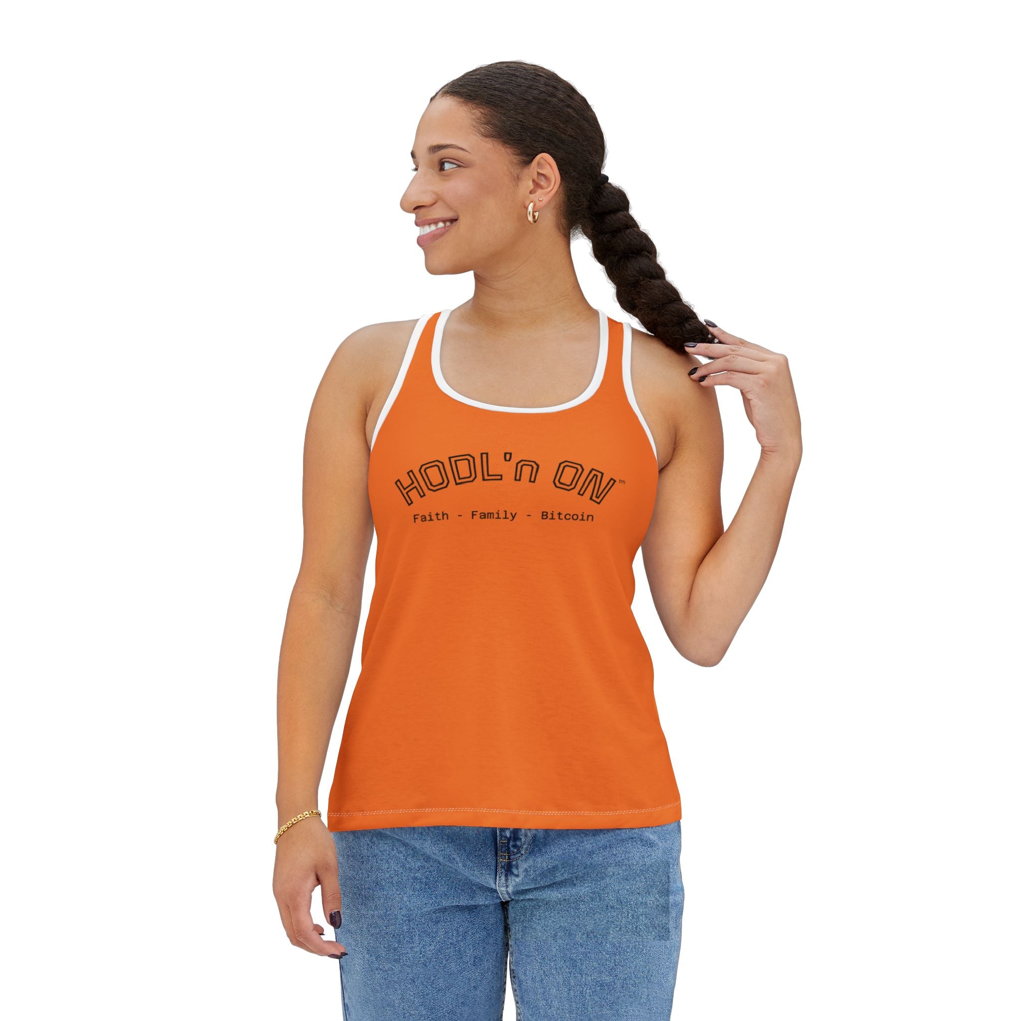 "HODL'n ON Faith - Family - Bitcoin"  Women's Bitcoin Orange Tank Top — Racerback for Everyday Wear | Crypto Gift