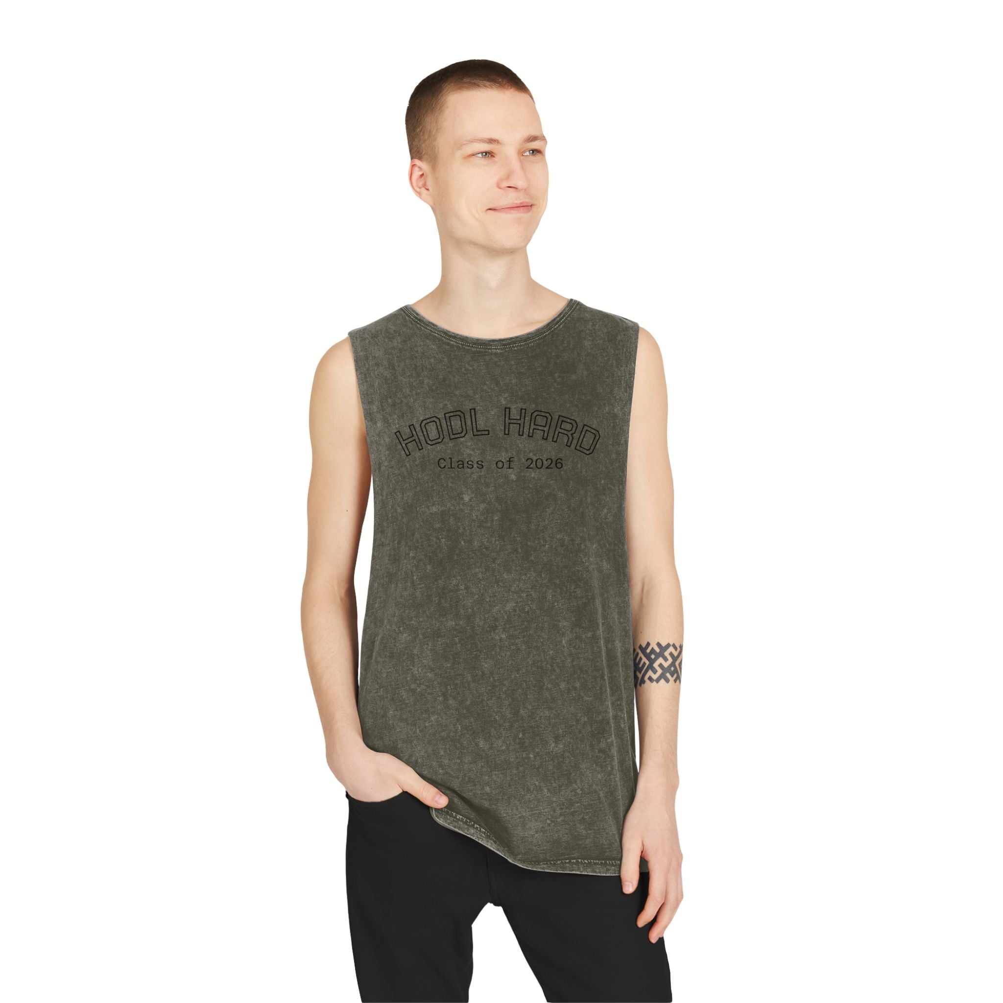 "HODL HARD - Class of 2026" Bitcoin Moon Harbor Stonewash Deep Underarm Tank Top —Washed Sleeveless Tee | Crypto Gift 14