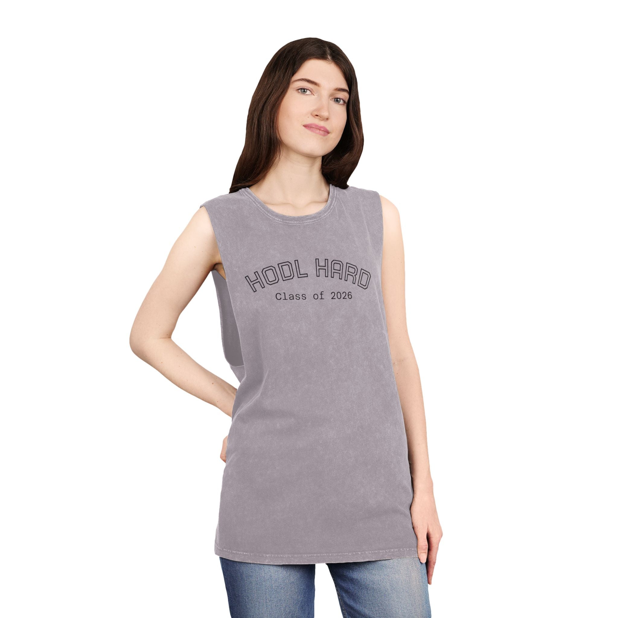 "HODL HARD - Class of 2026" Bitcoin Moon Harbor Stonewash Deep Underarm Tank Top —Washed Sleeveless Tee | Crypto Gift 14