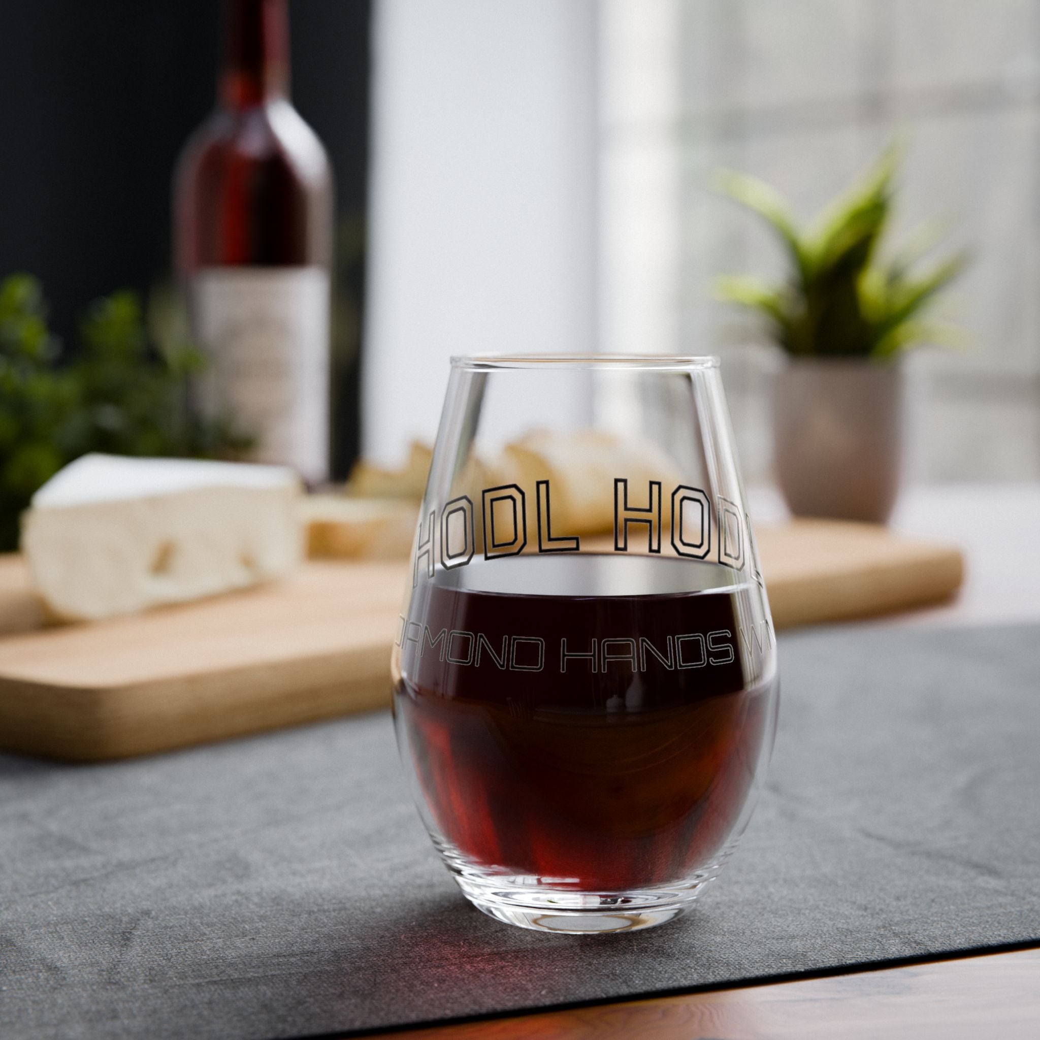 HODL HODL * DIAMOND HANDS  |  Stemless Wine Glass - Vintage Campus Design, 11.75 oz  | Crypto Gift 245