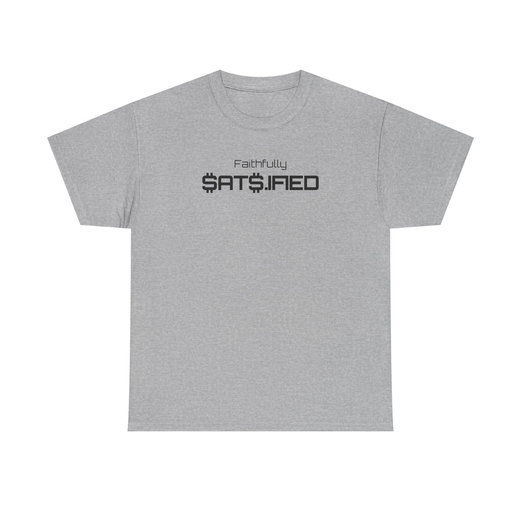 Bitcoin "Faithfully SatS.ified" Minimalist Black Ink Graphic Tee — Futuristic Tech Typography T-Shirt | Crypto Gift