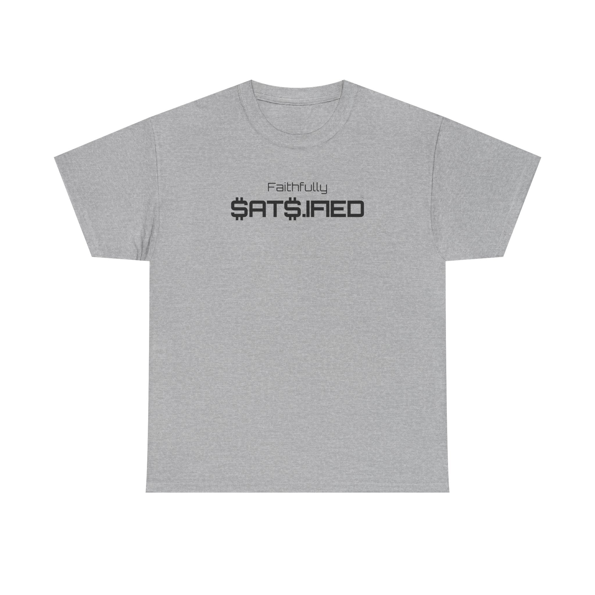 Bitcoin "Faithfully SatS.ified" Minimalist Black Ink Graphic Tee — Futuristic Tech Typography T-Shirt | Crypto Gift