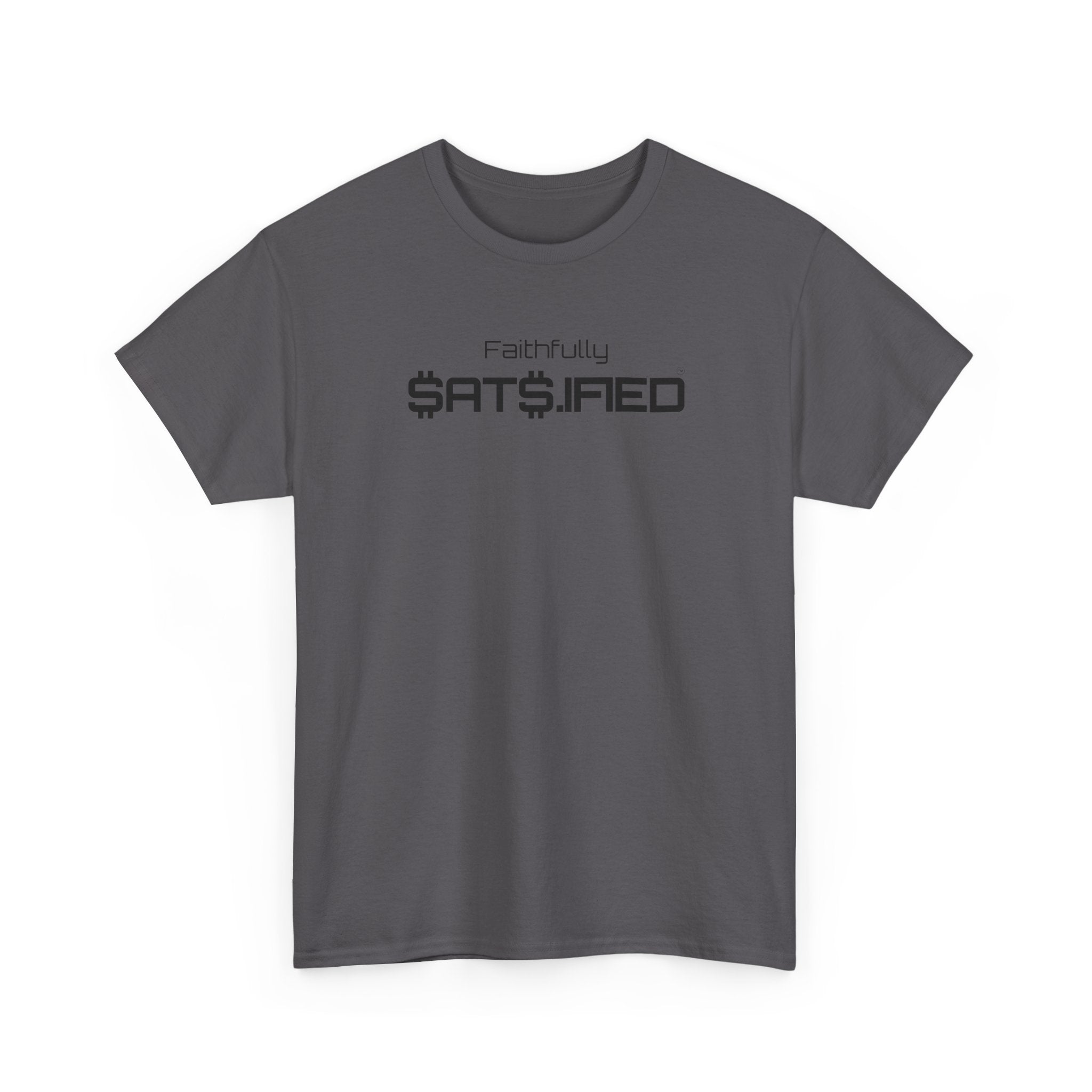 Bitcoin "Faithfully SatS.ified" Minimalist Black Ink Graphic Tee — Futuristic Tech Typography T-Shirt | Crypto Gift