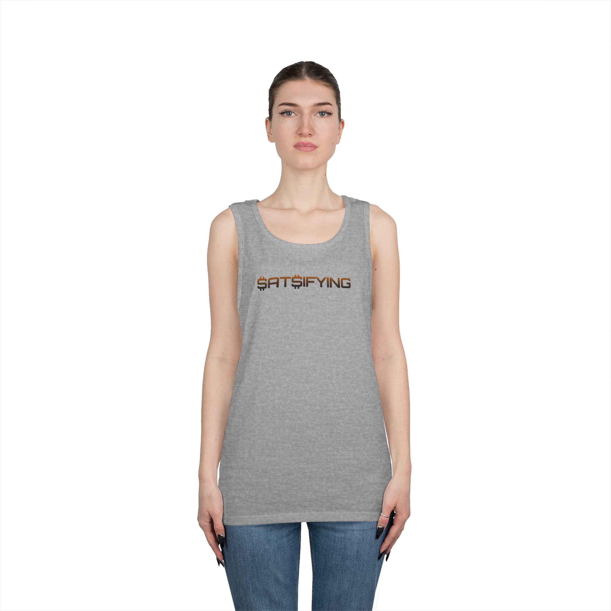 SATSIFYING -  Bitcoin Graphic Bleed Sassy Tank Top — Minimal Modern Logo Summer Muscle Tee | Crypto Gift 98