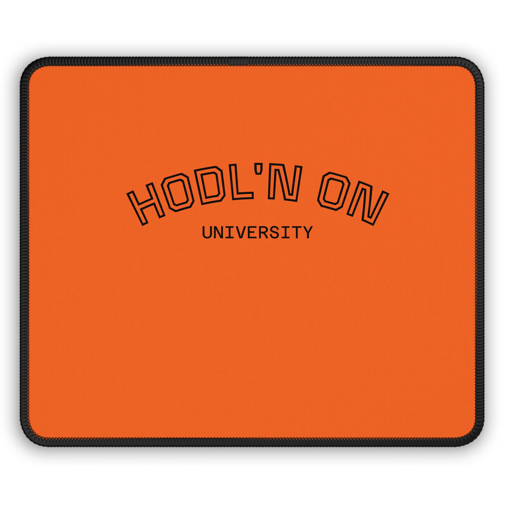 HODL'N ON University Gaming Mouse Pad — Orange Crypto Desk Mat