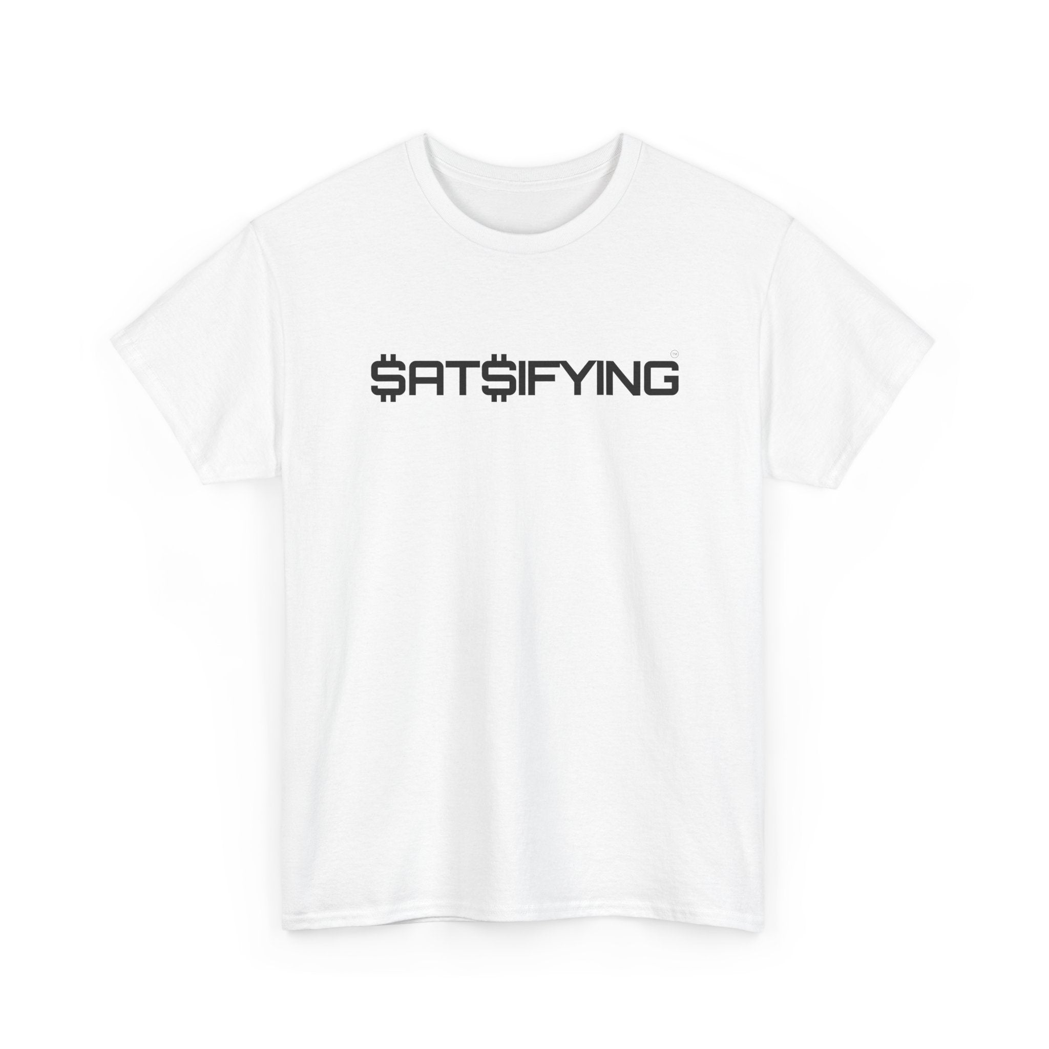 SATSIFYING Minimalist Black Font Graphic Tee — Futuristic Tech Typography T-Shirt