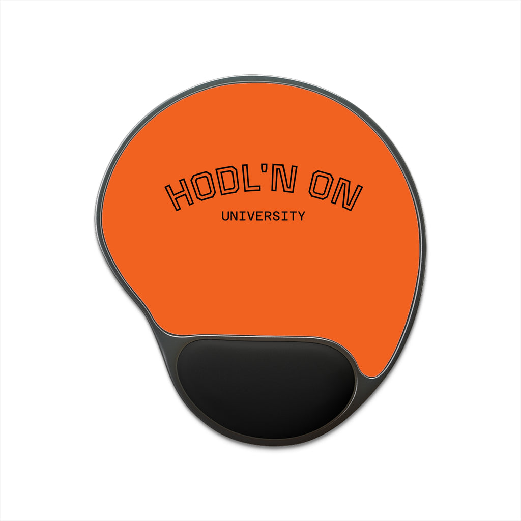 HODL'N ON University - Bitcoin Orange Mouse Pad with Wrist Rest — Ergonomic Crypto Gaming or Trading Desk Mat | Crypto Gift 136