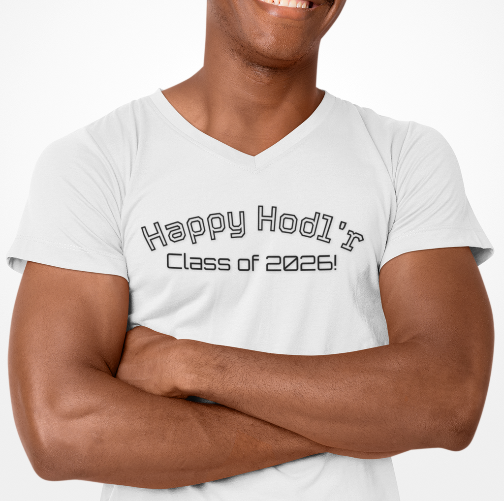 Happy Hodl'r Satsified V-Neck Tee - Funny Retro Text Ladies' T-Shirt | Crypto Gift