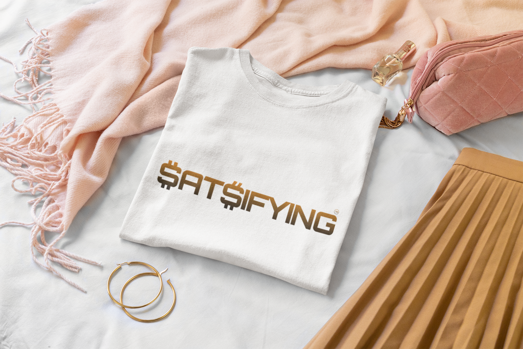 SATSIFYING Minimalist Graphic Bleed Tee — Sassy Futuristic Tech Typography T-Shirt | Crypto Gift 93