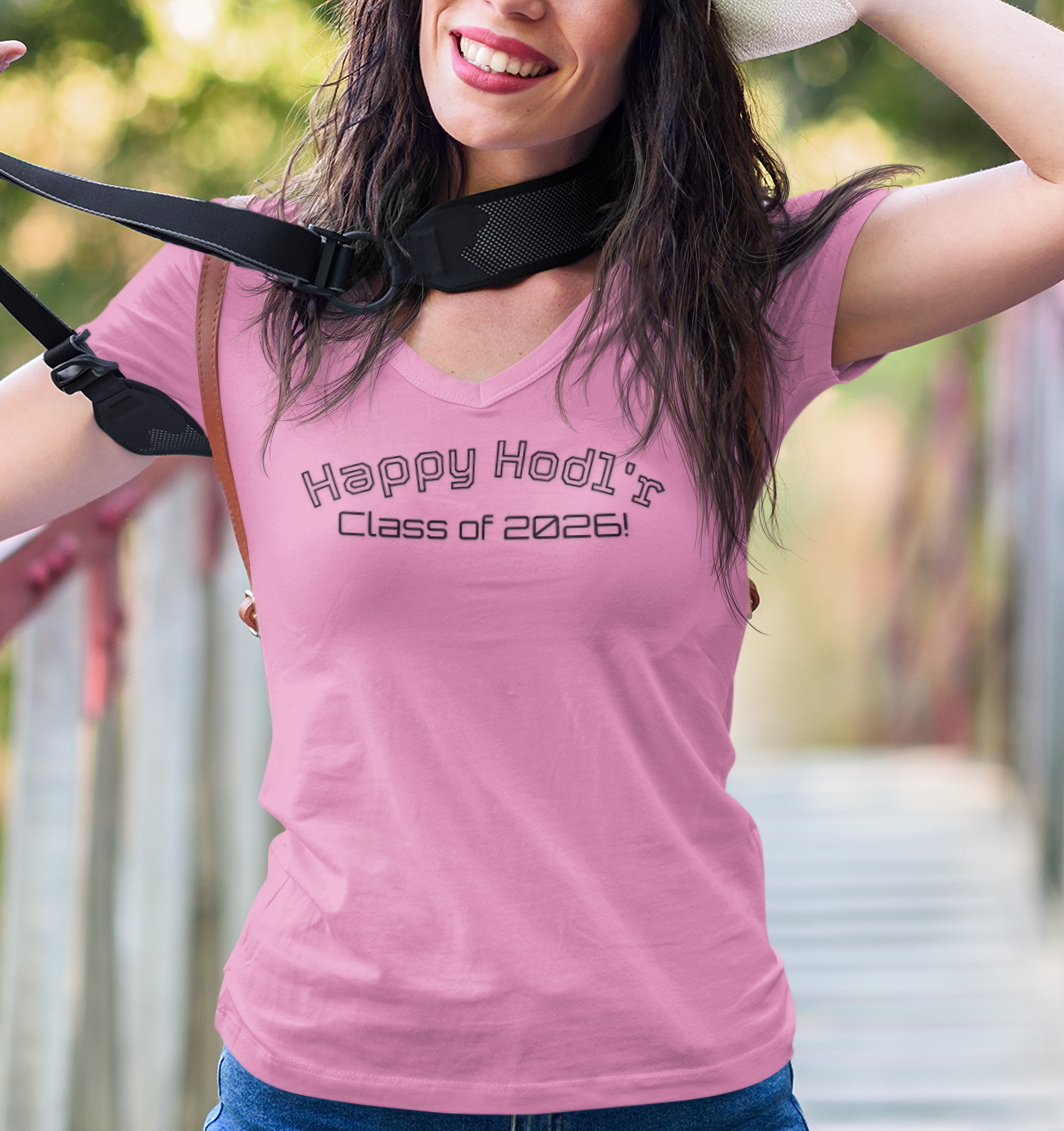 Happy Hodl'r Satsified Ladies V-Neck Tee - Funny Retro Text | Crypto Gift 120
