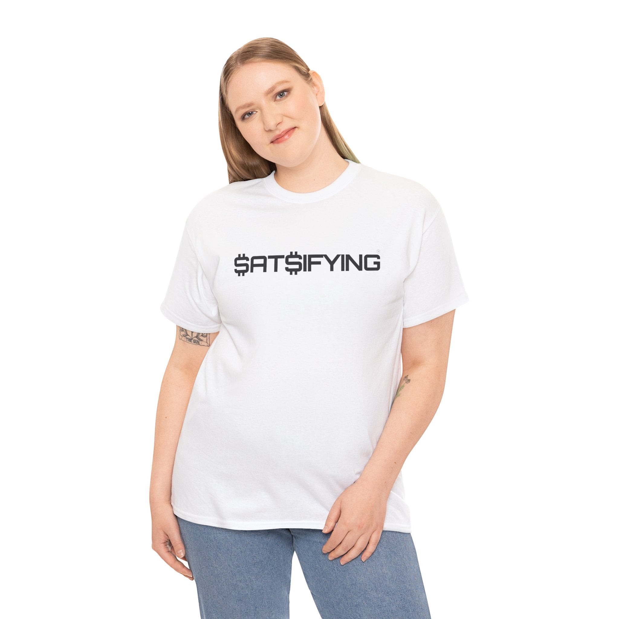 SATSIFYING Minimalist Black Font Graphic Tee — Futuristic Tech Typography T-Shirt