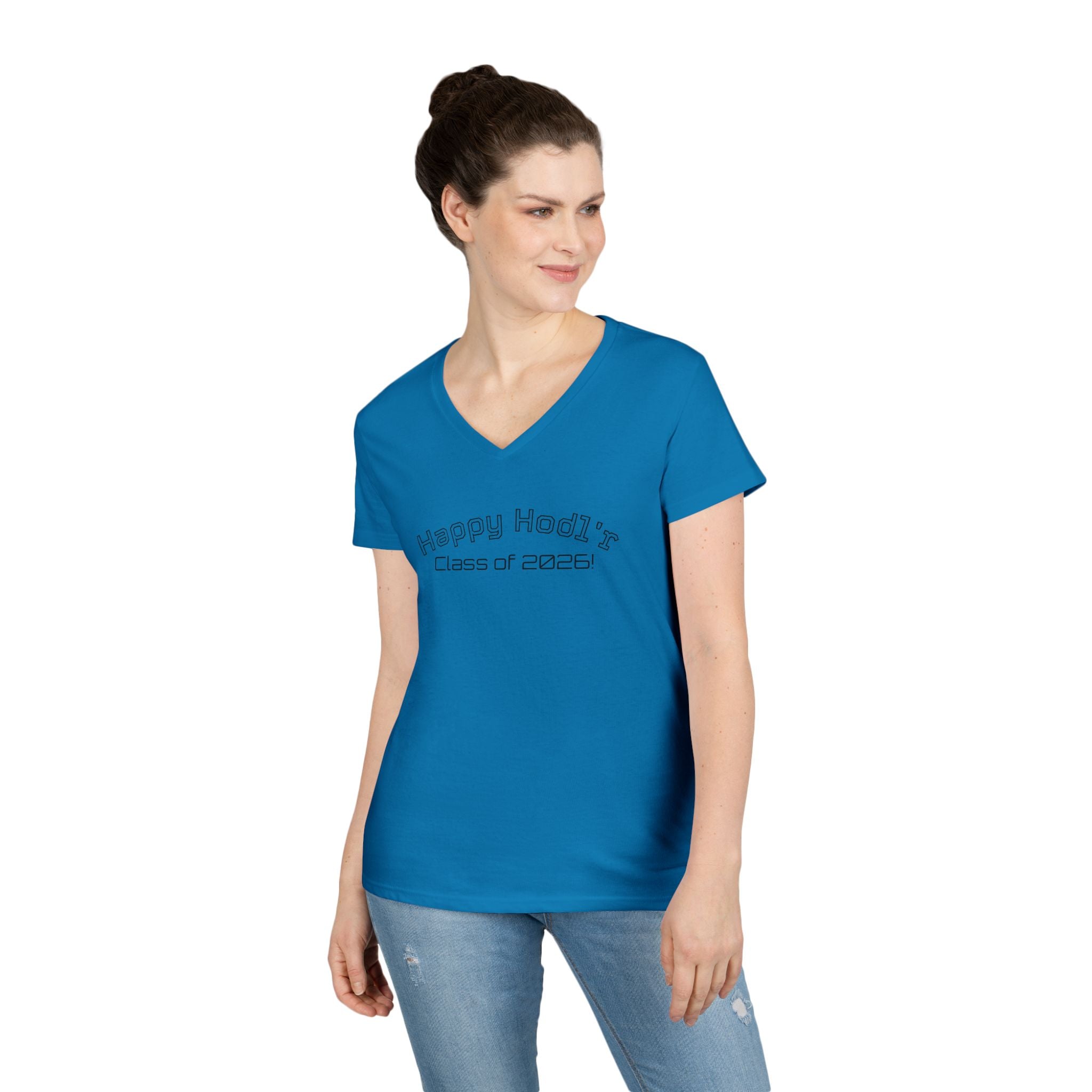 Happy Hodl'r Satsified V-Neck Tee - Funny Retro Text Ladies' T-Shirt | Crypto Gift