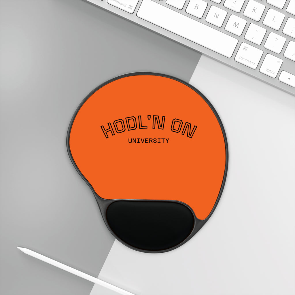 HODL'N ON University Mouse Pad with Wrist Rest — Ergonomic Crypto Trading Desk Mat