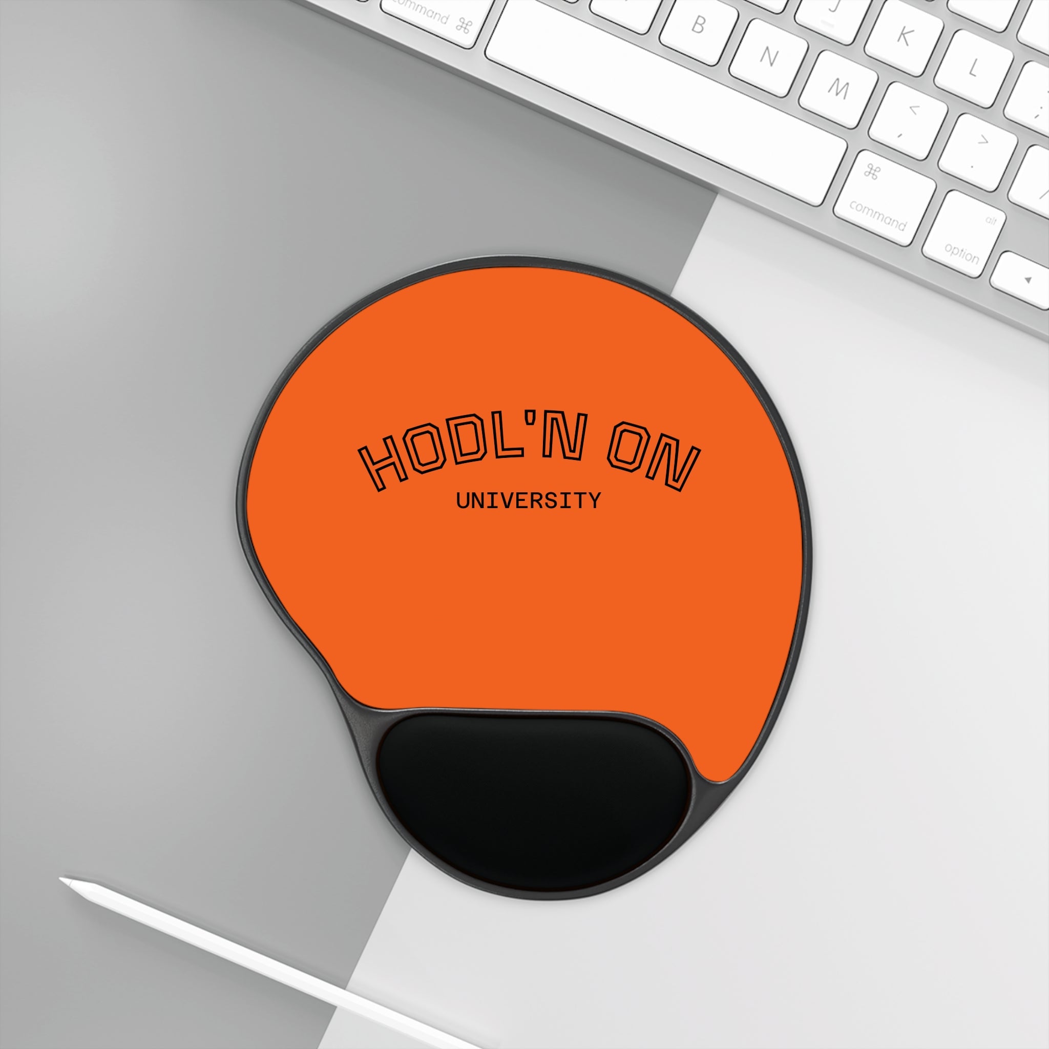 HODL'N ON University Mouse Pad with Wrist Rest — Ergonomic Crypto Trading Desk Mat