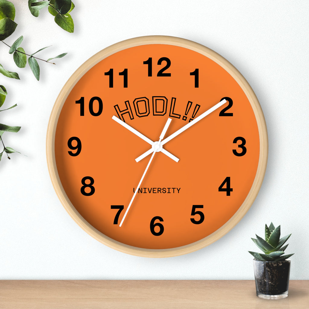 "HODL!" University Wall Clock — Orange Crypto Enthusiast Decor