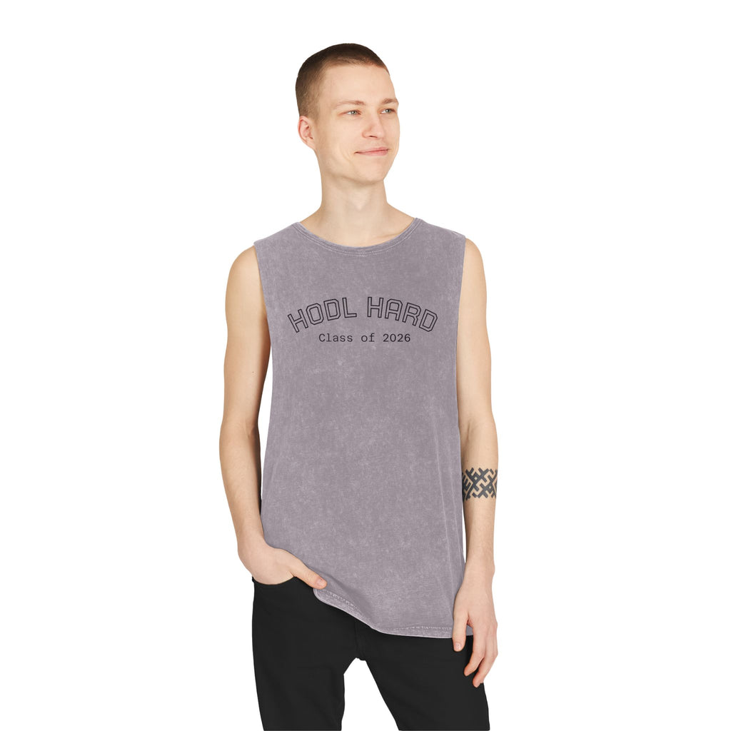 "HODL HARD - Class of 2026" Bitcoin Moon Harbor Stonewash Deep Underarm Tank Top —Washed Sleeveless Tee | Crypto Gift 14