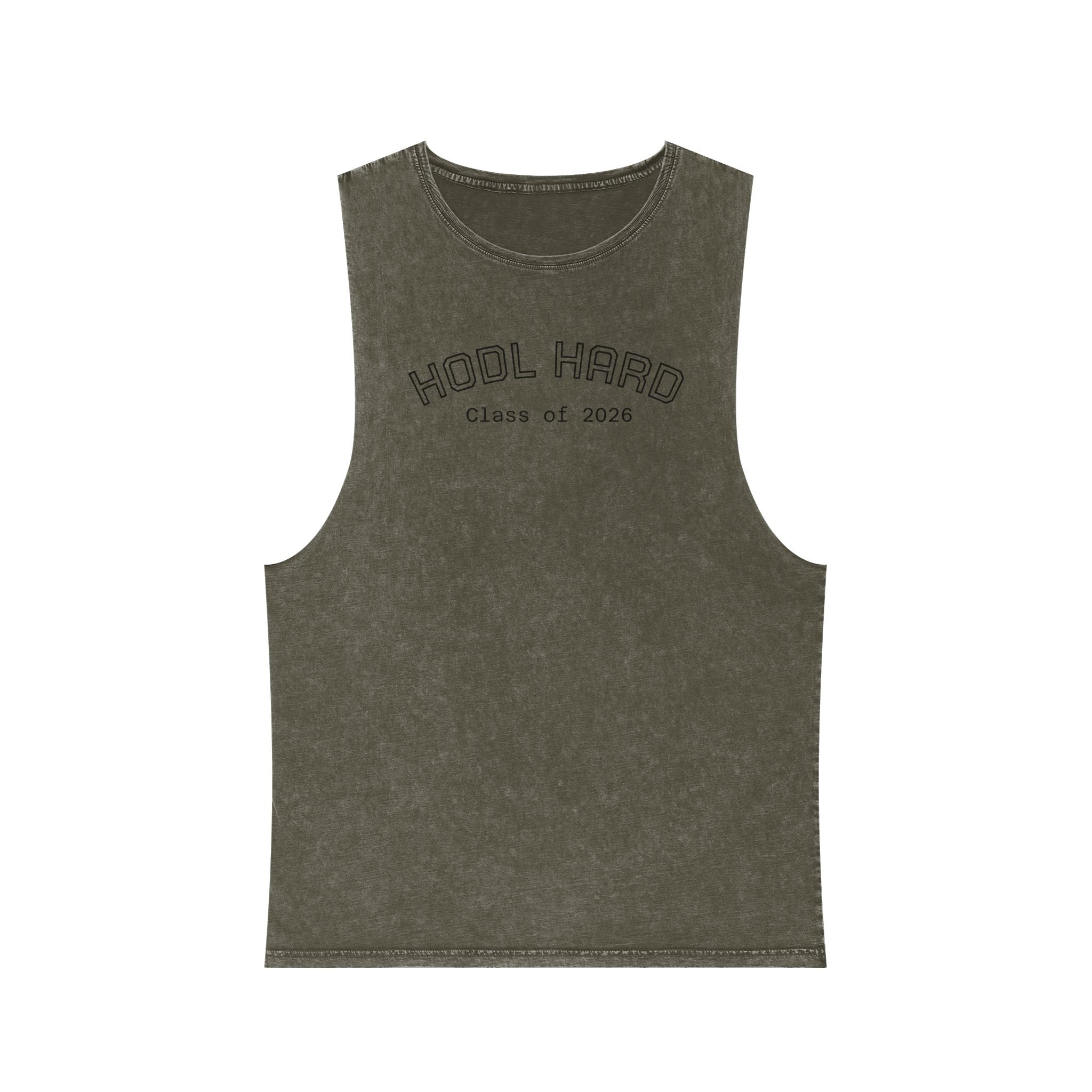"HODL HARD - Class of 2026" Bitcoin Moon Harbor Stonewash Deep Underarm Tank Top —Washed Sleeveless Tee | Crypto Gift 14
