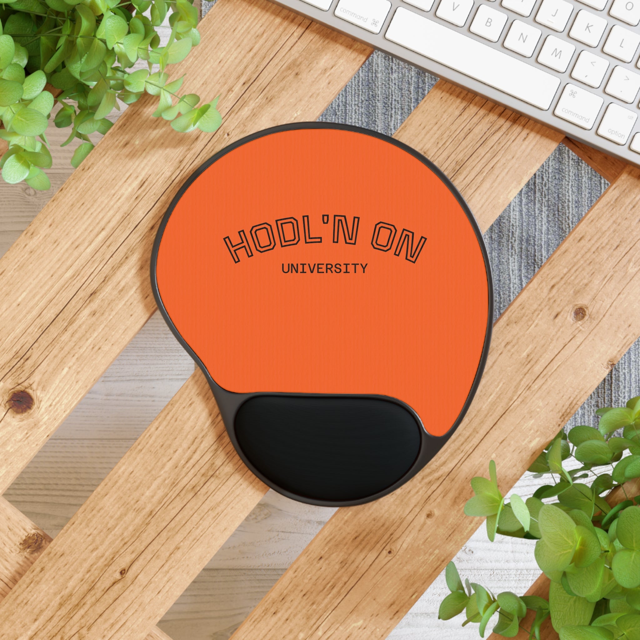HODL'N ON University Mouse Pad with Wrist Rest — Ergonomic Crypto Trading Desk Mat