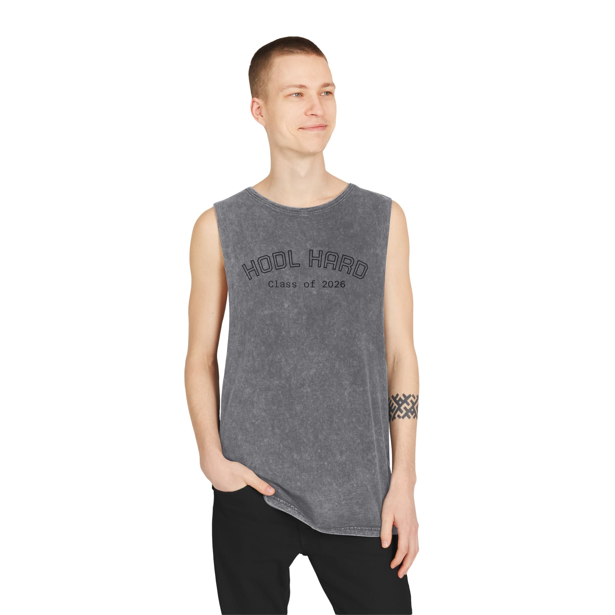 "HODL HARD - Class of 2026" Bitcoin Moon Harbor Stonewash Deep Underarm Tank Top —Washed Sleeveless Tee | Crypto Gift 14