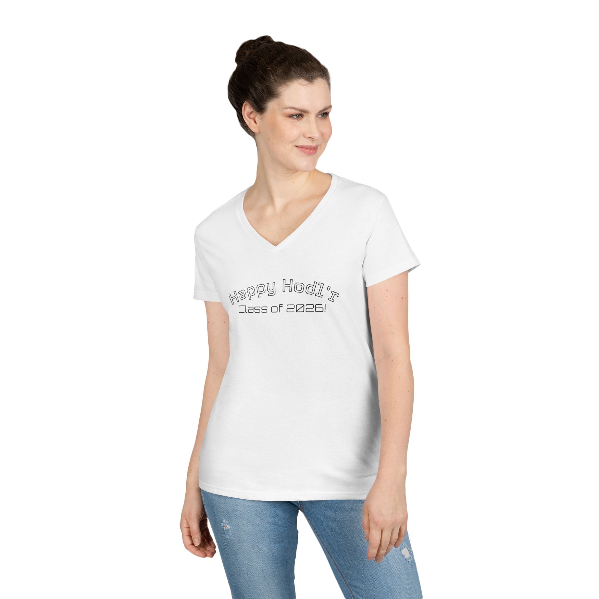 Happy Hodl'r Satsified V-Neck Tee - Funny Retro Text Ladies' T-Shirt | Crypto Gift