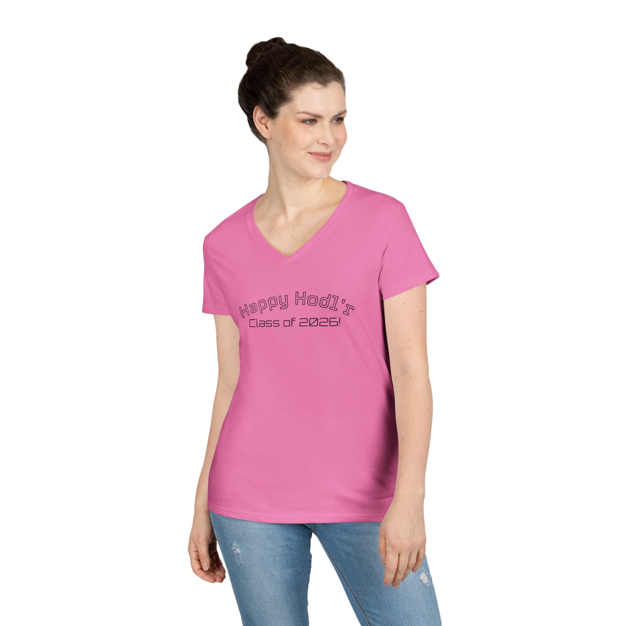 Happy Hodl'r Satsified V-Neck Tee - Funny Retro Text Ladies' T-Shirt | Crypto Gift