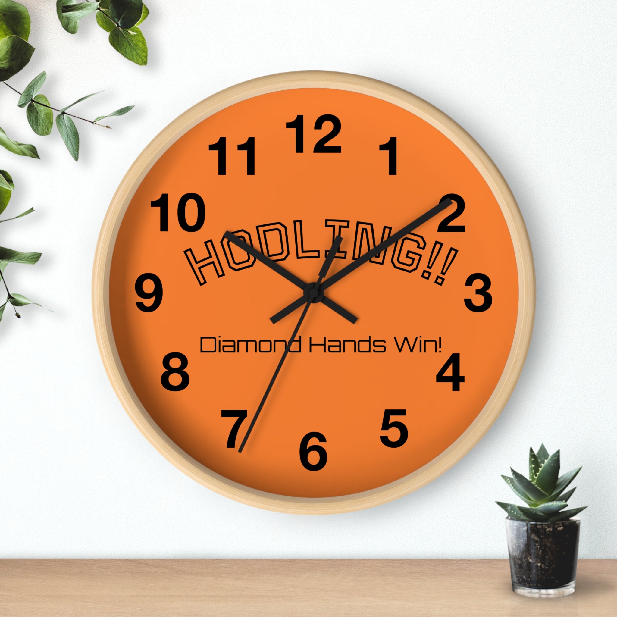"HODLING!!  Diamond Hands Win!" Wall Clock — Orange Bitcoin Crypto Enthusiast Decor | Black Arms | Crypto Gift 197