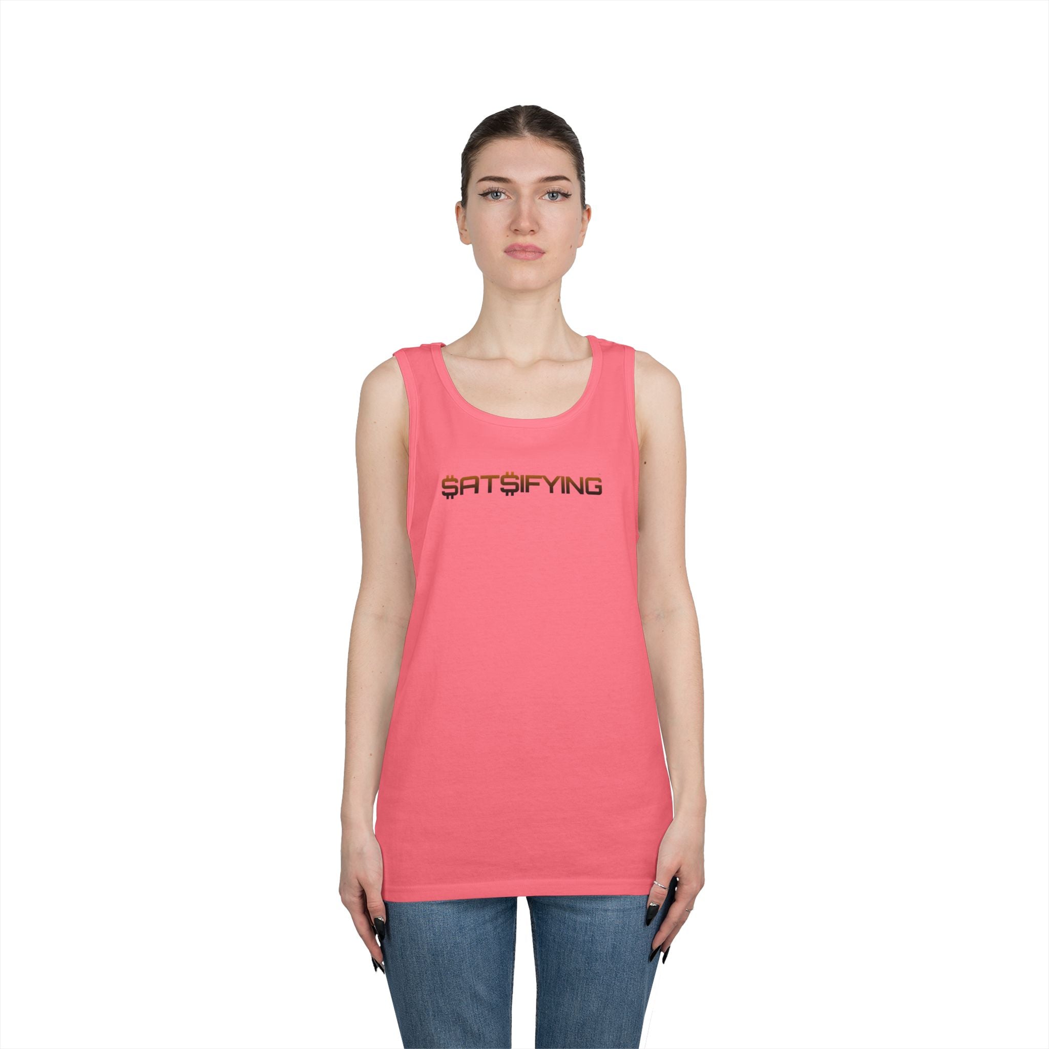 SATSIFYING -  Bitcoin Graphic Bleed Sassy Tank Top — Minimal Modern Logo Summer Muscle Tee | Crypto Gift 98