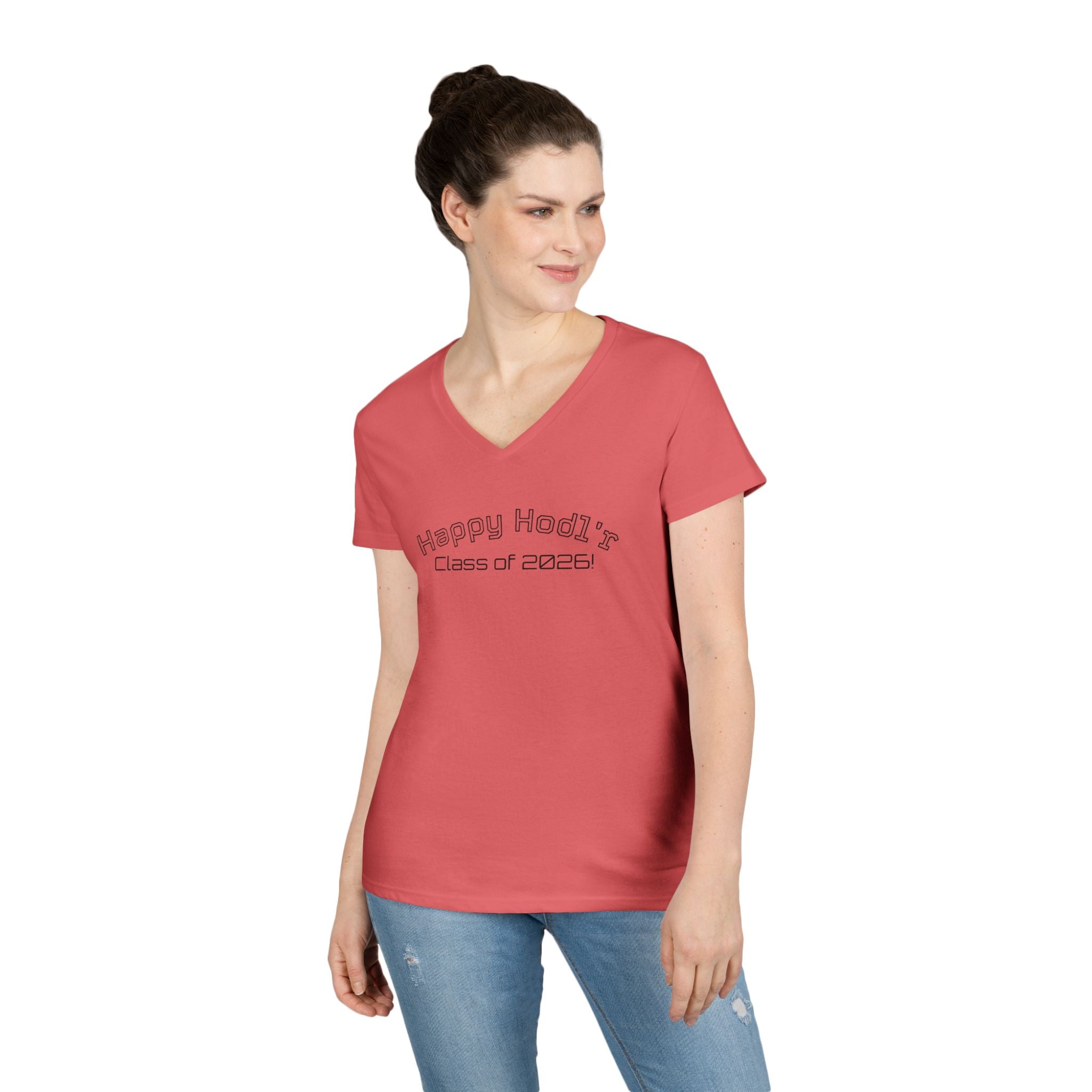 Happy Hodl'r Satsified V-Neck Tee - Funny Retro Text Ladies' T-Shirt | Crypto Gift
