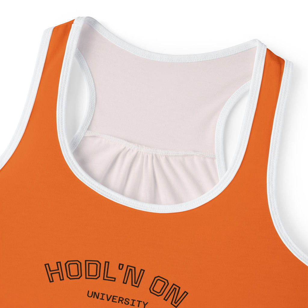 HODL'N ON Women's Orange Tank Top — Casual Graphic Racerback for Everyday Wear