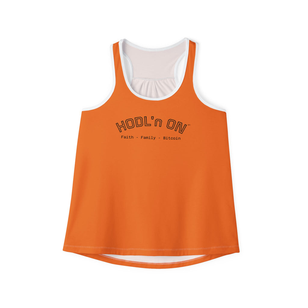 "HODL'n ON Faith - Family - Bitcoin"  Women's Bitcoin Orange Tank Top — Racerback for Everyday Wear | Crypto Gift