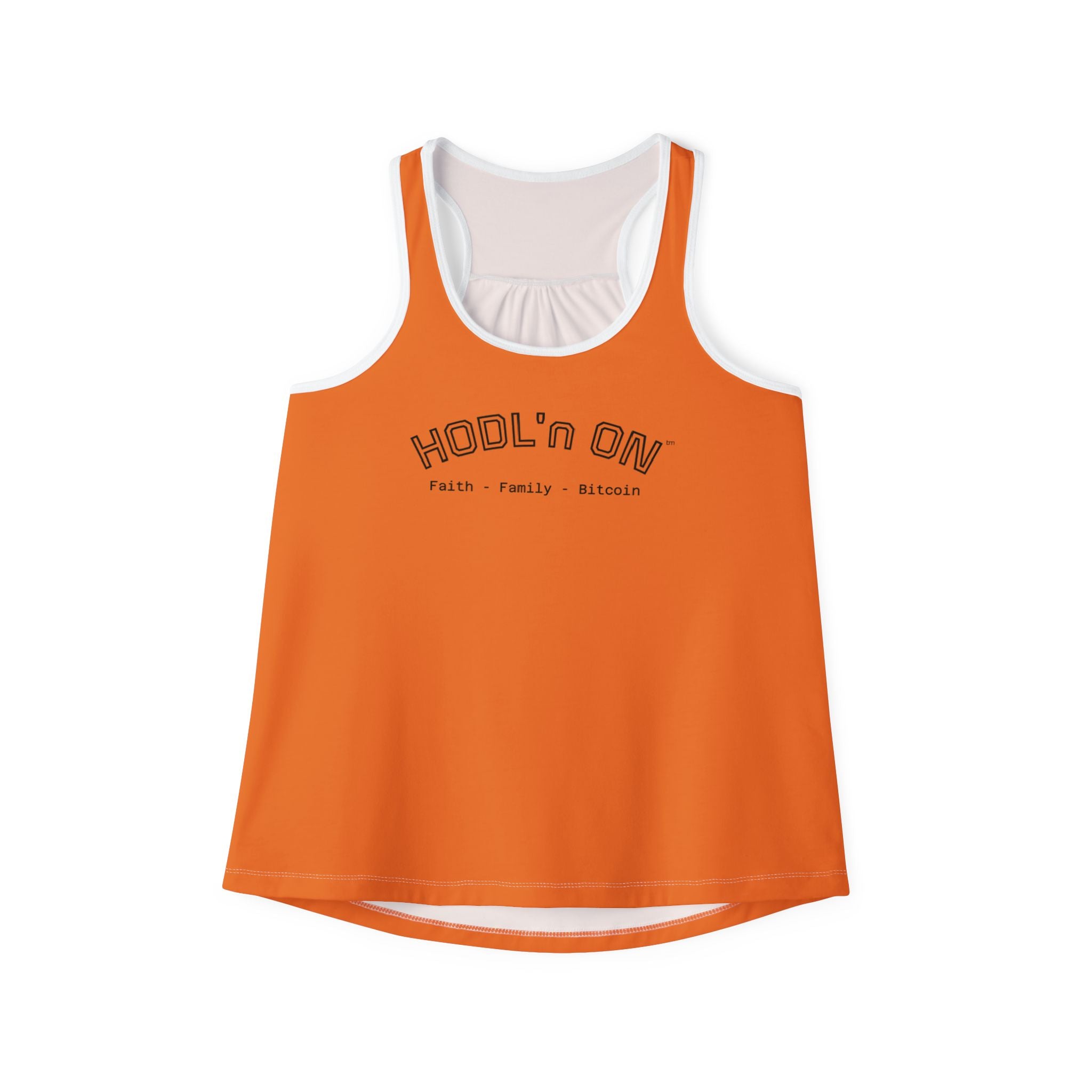 "HODL'n ON Faith - Family - Bitcoin"  Women's Bitcoin Orange Tank Top — Racerback for Everyday Wear | Crypto Gift