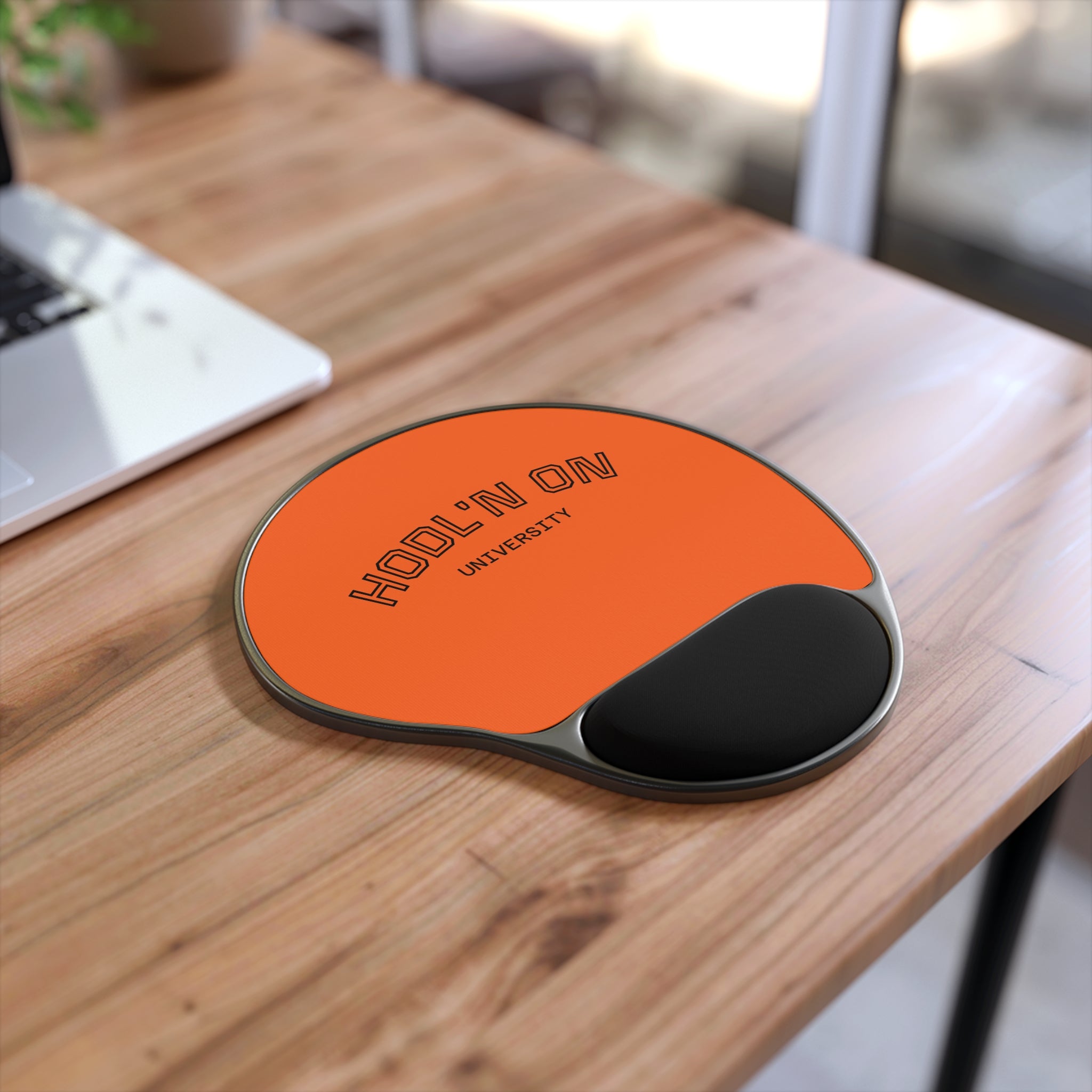 HODL'N ON University - Bitcoin Orange Mouse Pad with Wrist Rest — Ergonomic Crypto Gaming or Trading Desk Mat | Crypto Gift 136