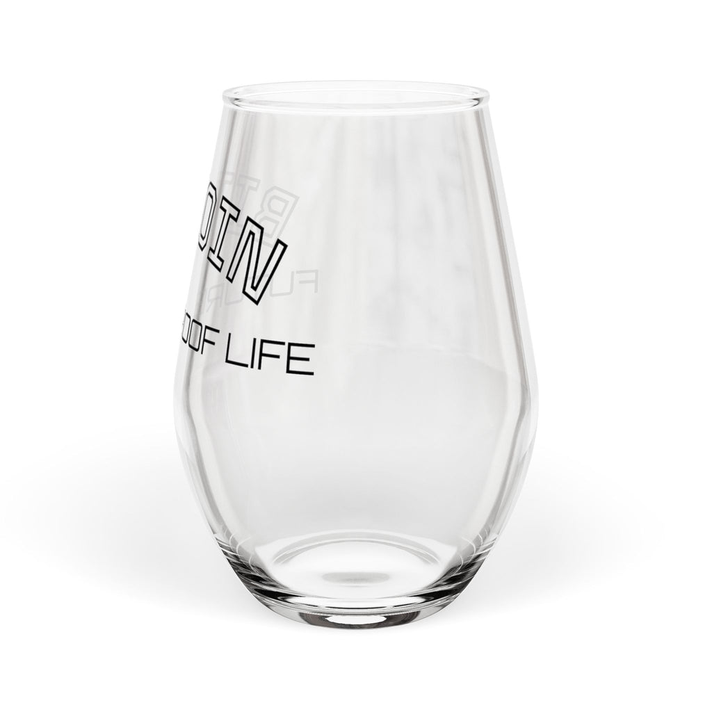 "BITCOIN - FUTURE PROOF LIFE"  - Stemless Wine Glass - Vintage Campus Design, 11.75 oz  | Crypto Gift