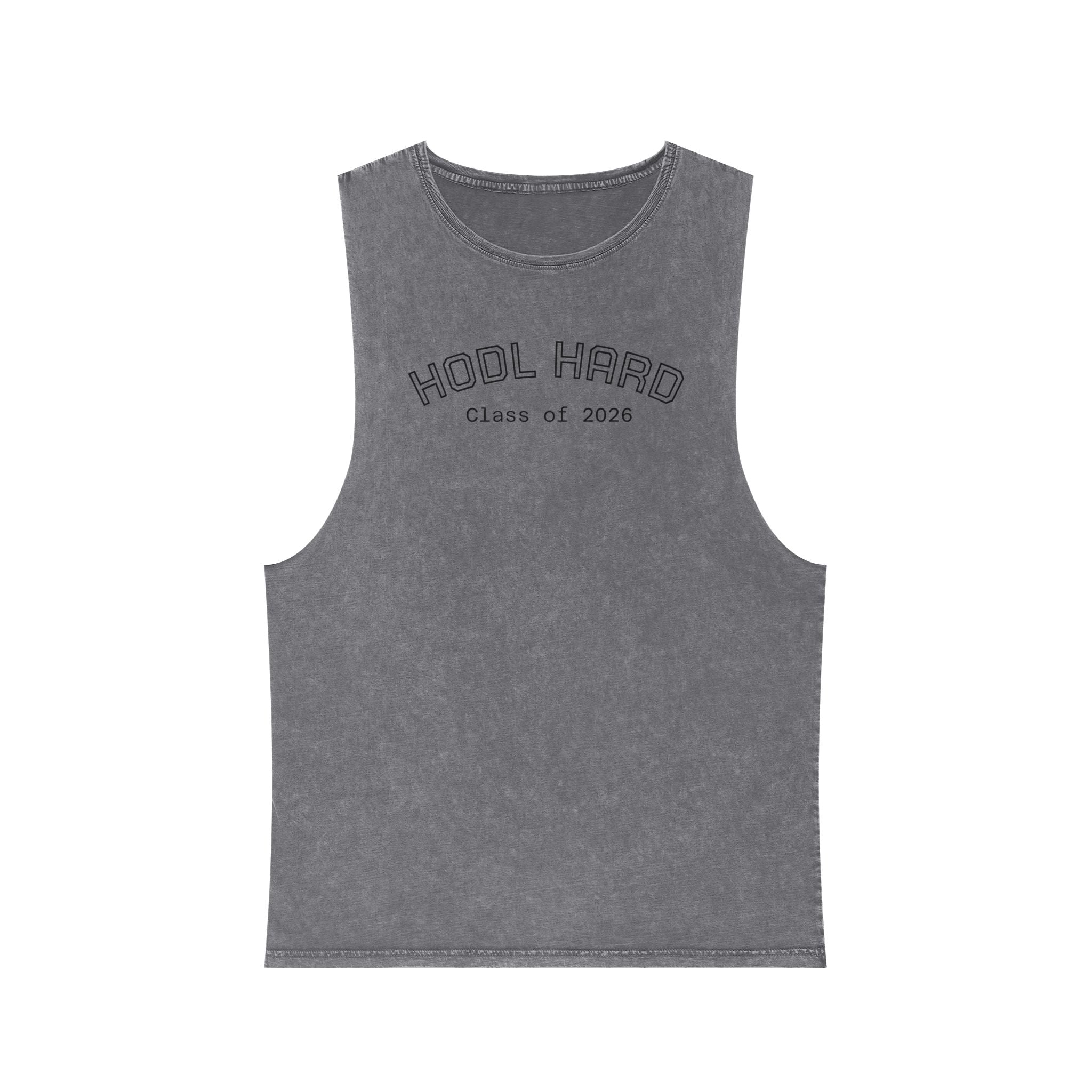 "HODL HARD - Class of 2026" Bitcoin Moon Harbor Stonewash Deep Underarm Tank Top —Washed Sleeveless Tee | Crypto Gift 14