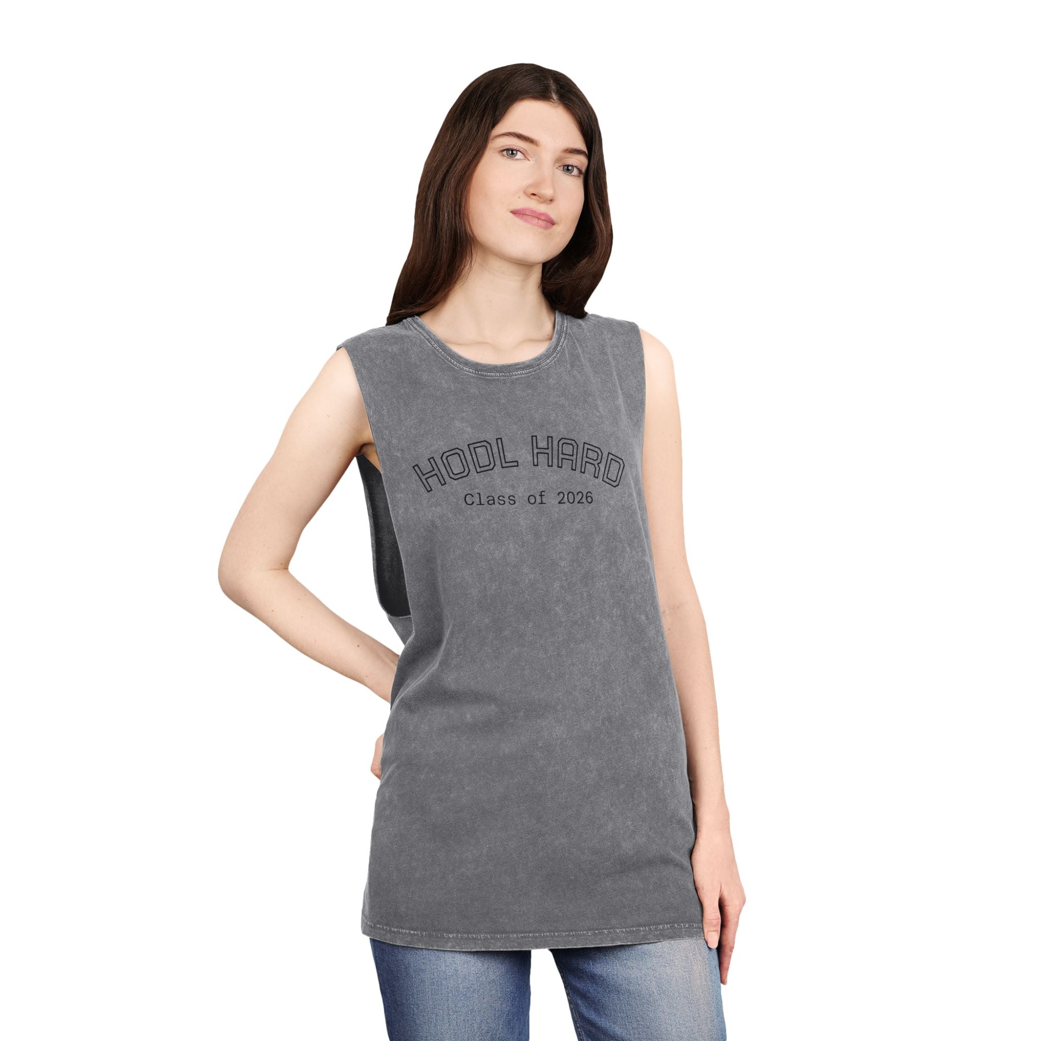 "HODL HARD - Class of 2026" Bitcoin Moon Harbor Stonewash Deep Underarm Tank Top —Washed Sleeveless Tee | Crypto Gift 14