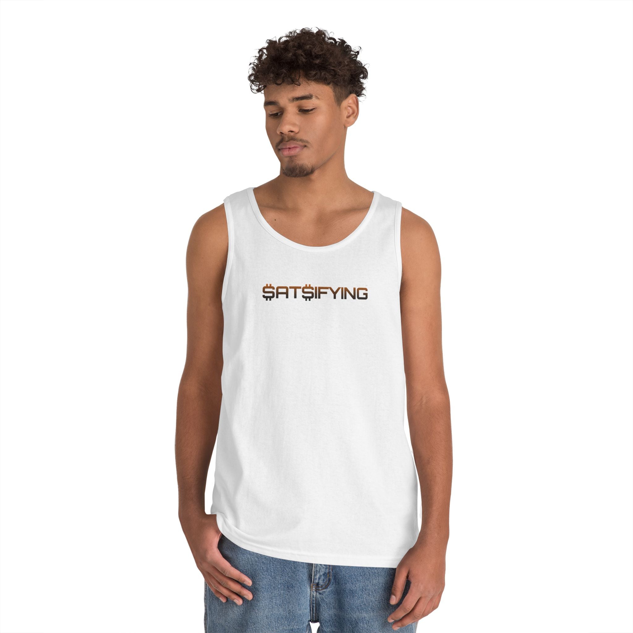 SATSIFYING -  Graphic Sassy Tank Top — Minimal Retro Logo Summer Muscle Tee | Crypto Gift