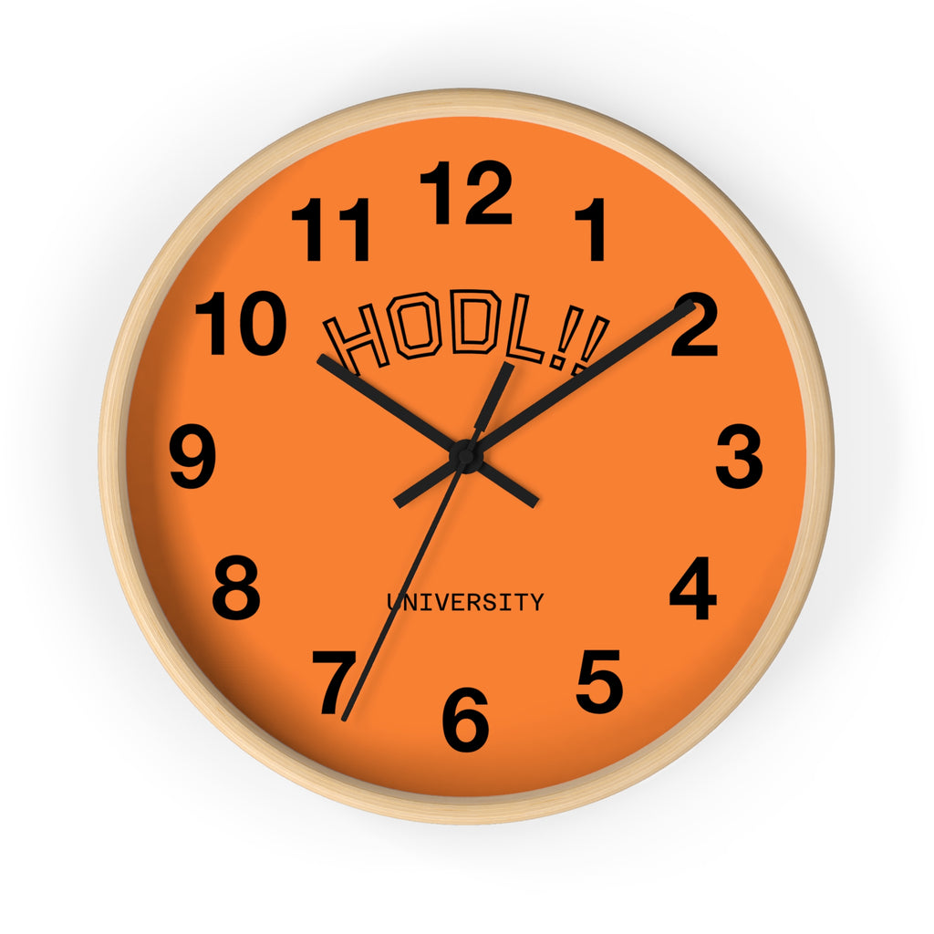 "HODL!" University Wall Clock — Orange Crypto Enthusiast Decor