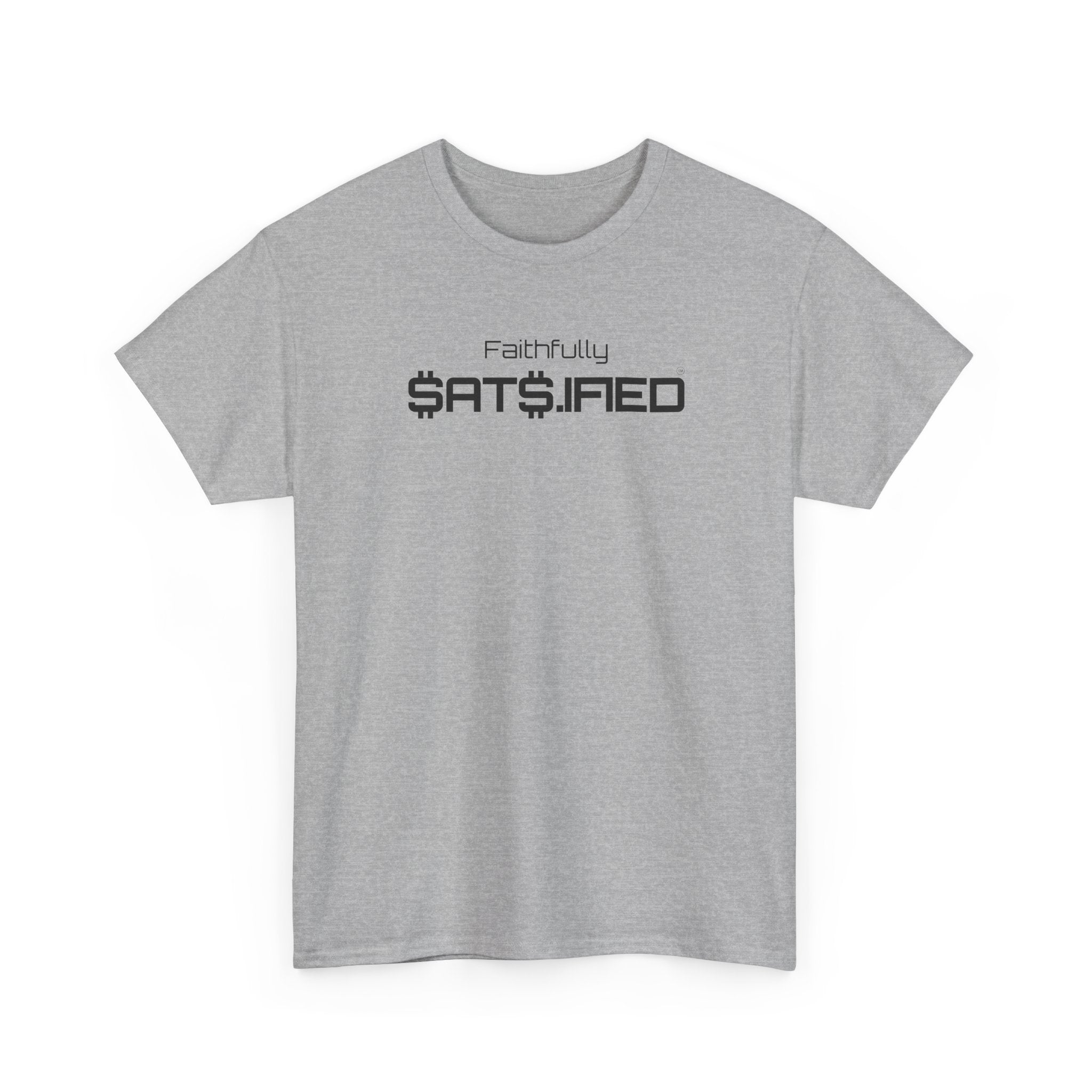 Bitcoin "Faithfully SatS.ified" Minimalist Black Ink Graphic Tee — Futuristic Tech Typography T-Shirt | Crypto Gift