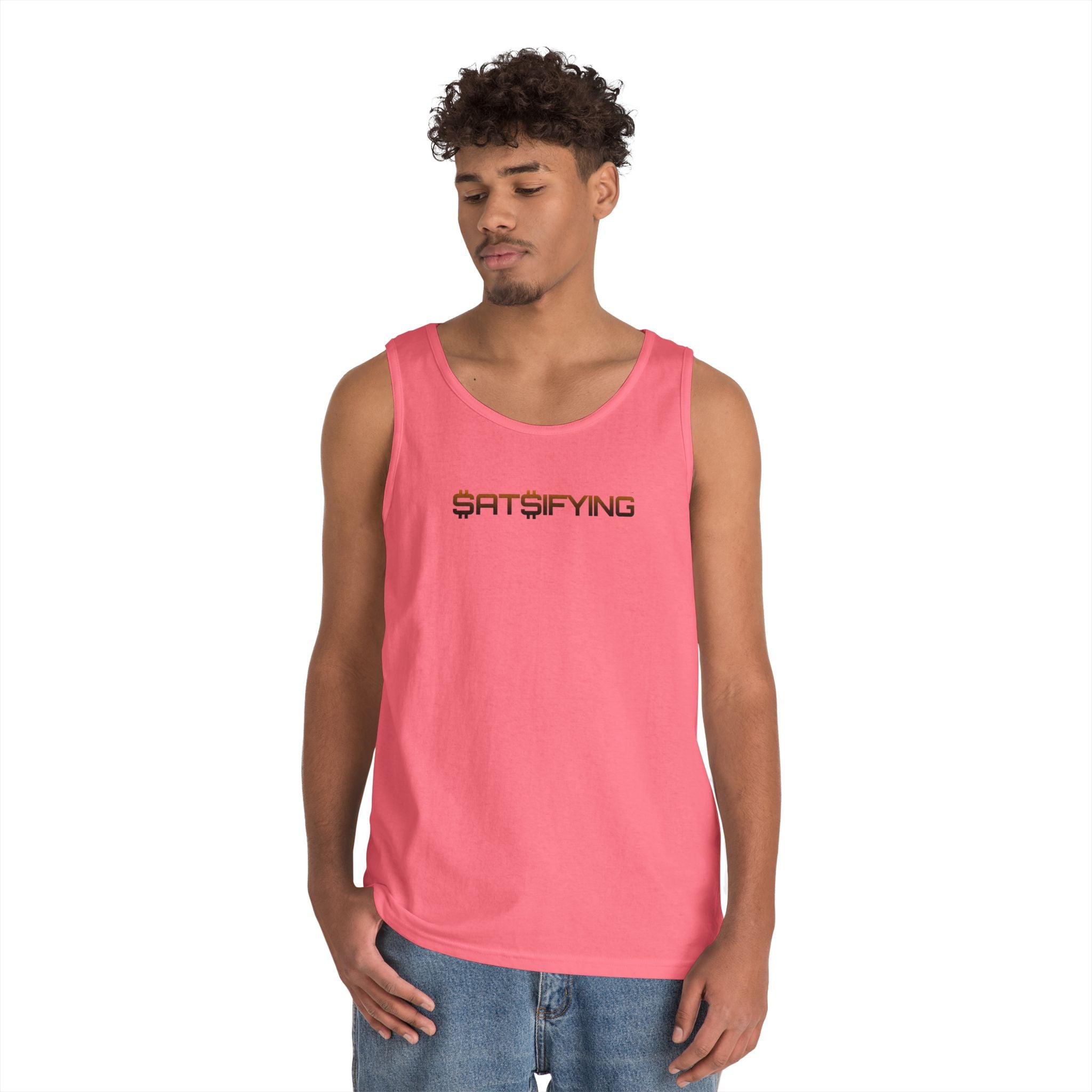 SATSIFYING -  Bitcoin Graphic Bleed Sassy Tank Top — Minimal Modern Logo Summer Muscle Tee | Crypto Gift 98