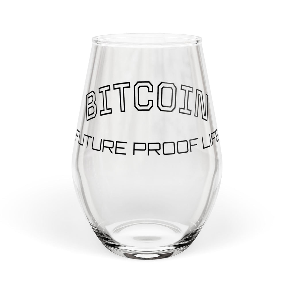 "BITCOIN - FUTURE PROOF LIFE"  - Stemless Wine Glass - Vintage Campus Design, 11.75 oz  | Crypto Gift